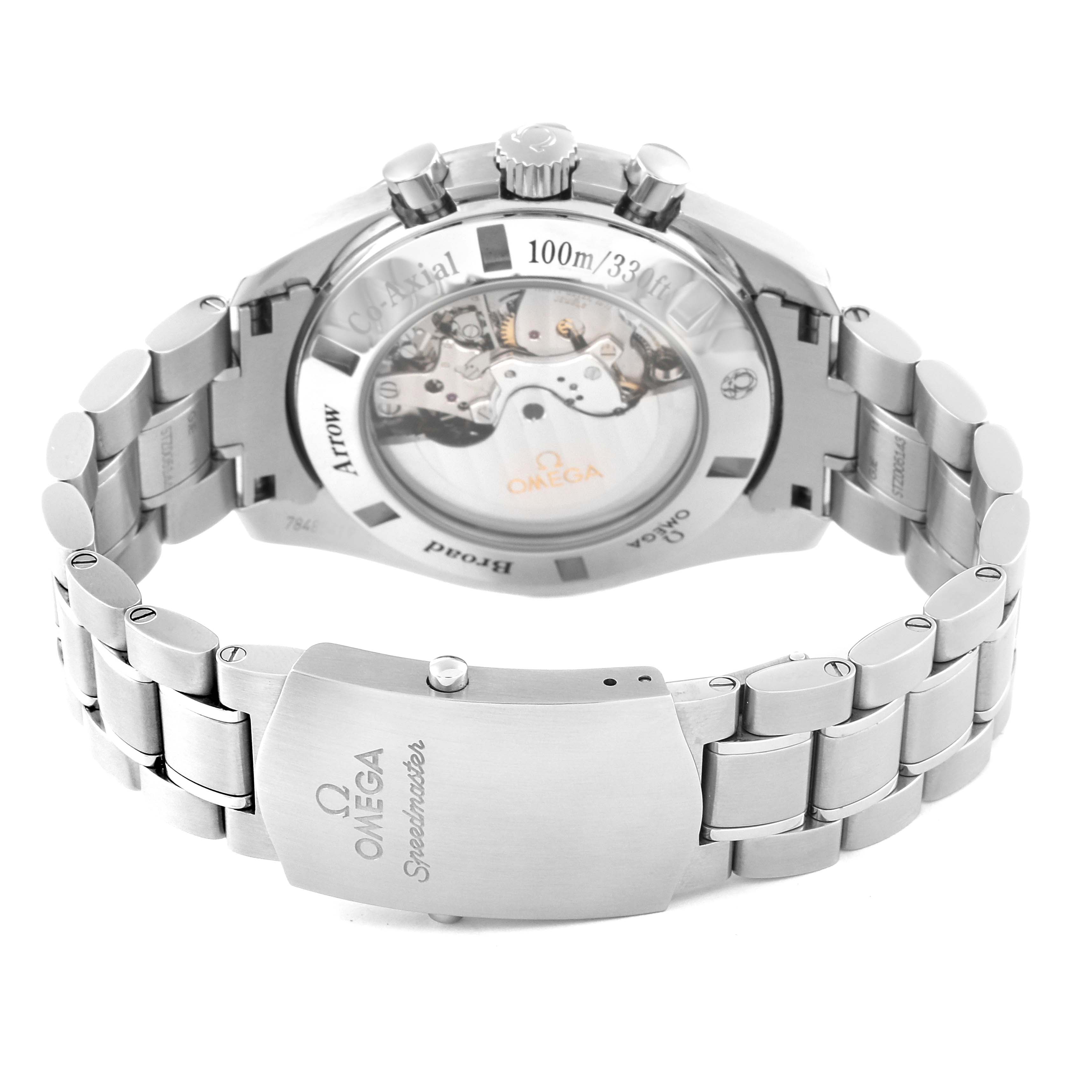 The image shows the back view of an Omega Speedmaster 321.10.44.50.01.001 Men
s Stainless Steel Black Dial 321.10.44.50.01.001 Men
s Stainless Steel Black Dial watch, including its stainless steel bracelet and transparent case back.