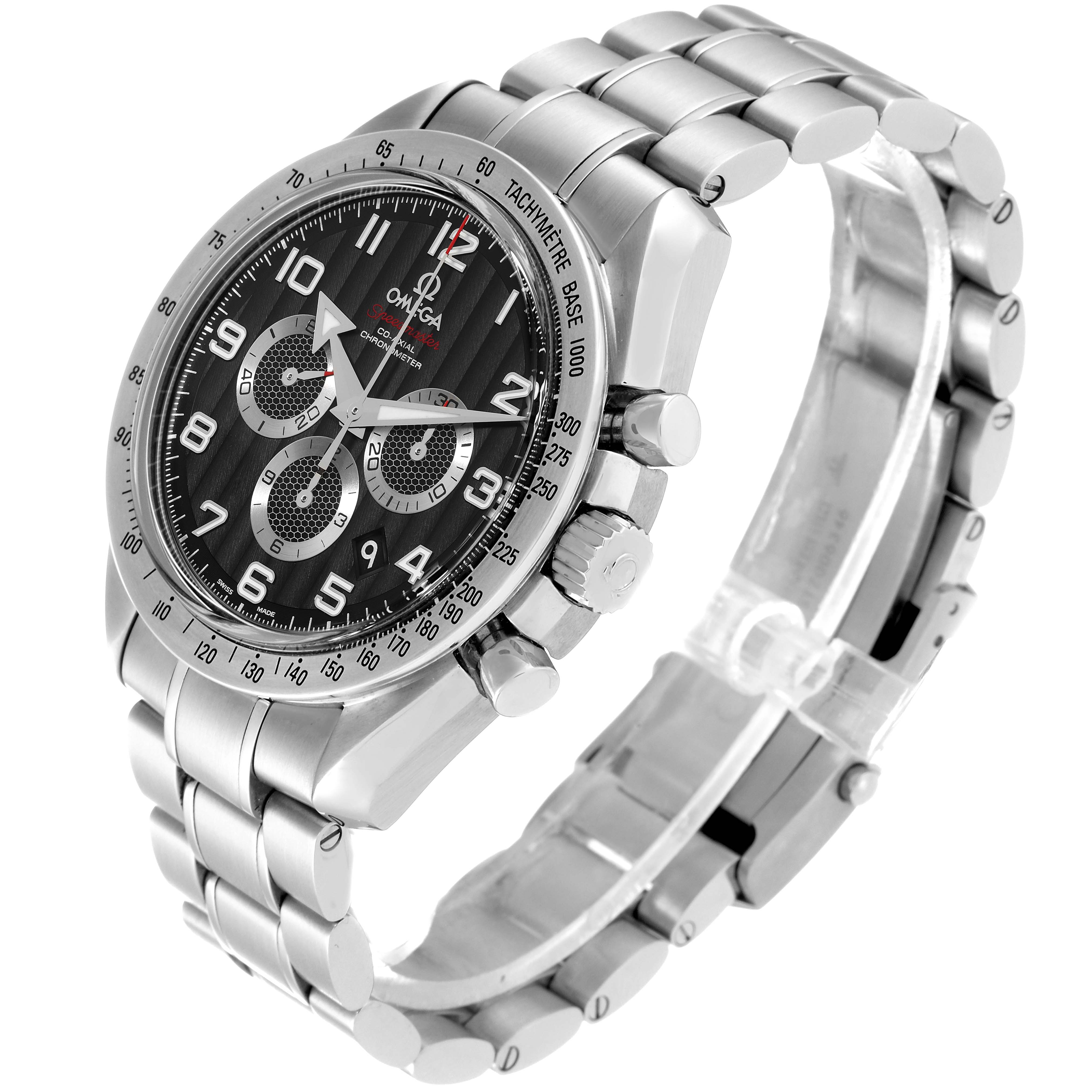 The image shows a side angle view of an Omega Speedmaster 321.10.44.50.01.001 Men
s Stainless Steel Black Dial 321.10.44.50.01.001 Men
s Stainless Steel Black Dial watch highlighting its metal bracelet, case, and chronograph dial.