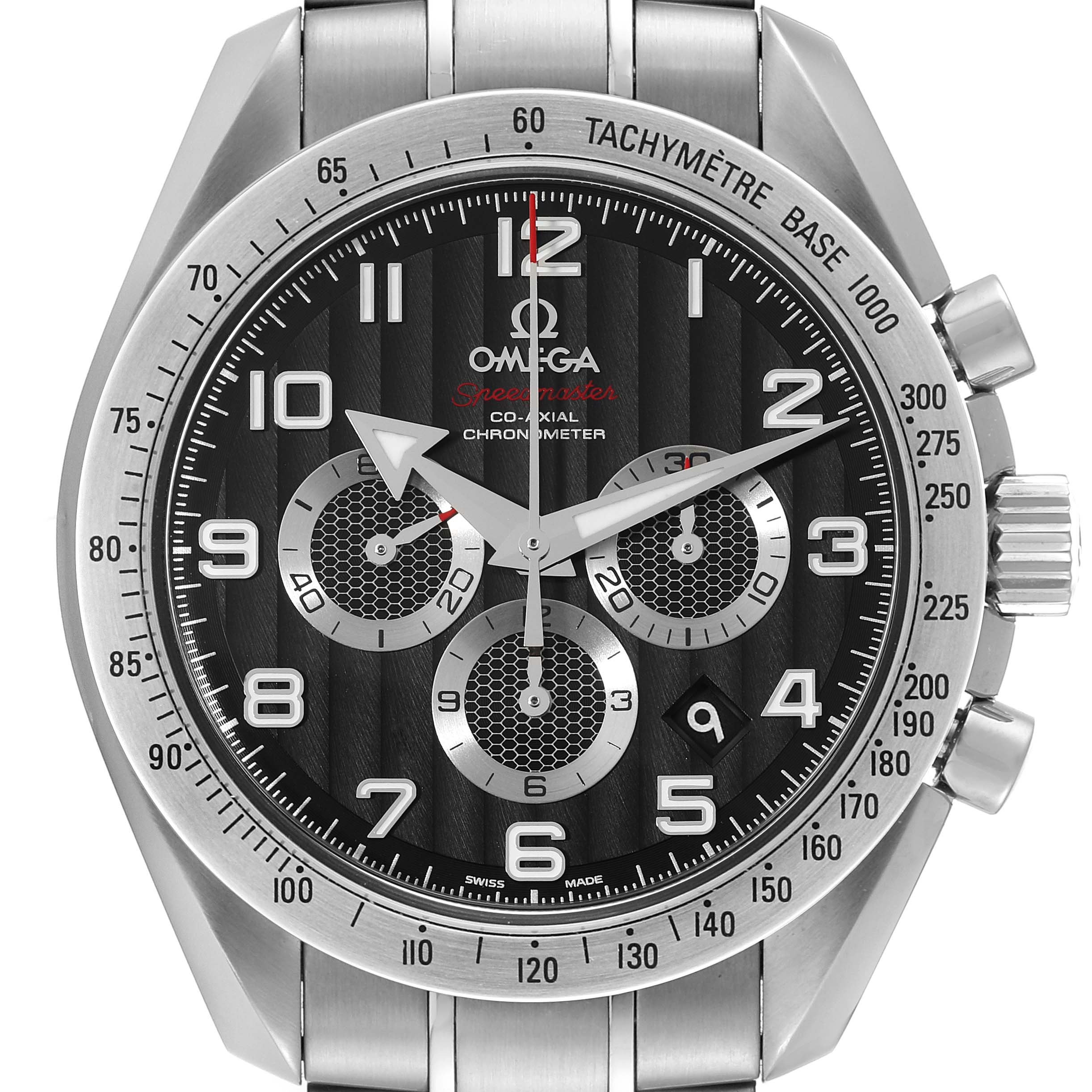 This Omega Speedmaster 321.10.44.50.01.001 Men
s Stainless Steel Black Dial 321.10.44.50.01.001 Men
s Stainless Steel Black Dial watch is shown from a front angle, highlighting the dial, subdials, tachymeter, and part of the bracelet.