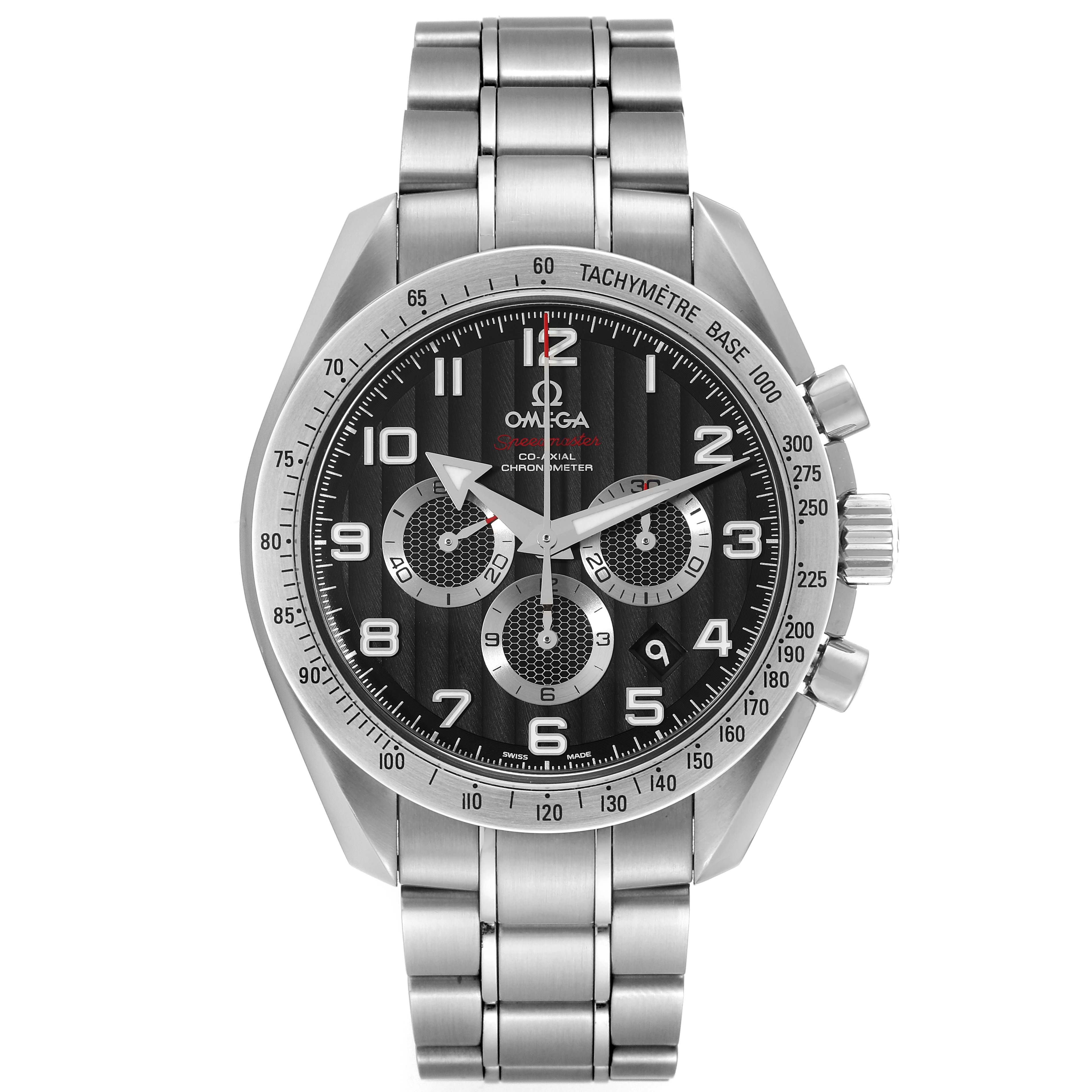 The image shows a front view of the Omega Speedmaster 321.10.44.50.01.001 Men
s Stainless Steel Black Dial 321.10.44.50.01.001 Men
s Stainless Steel Black Dial watch, highlighting its face, bezel, and bracelet.