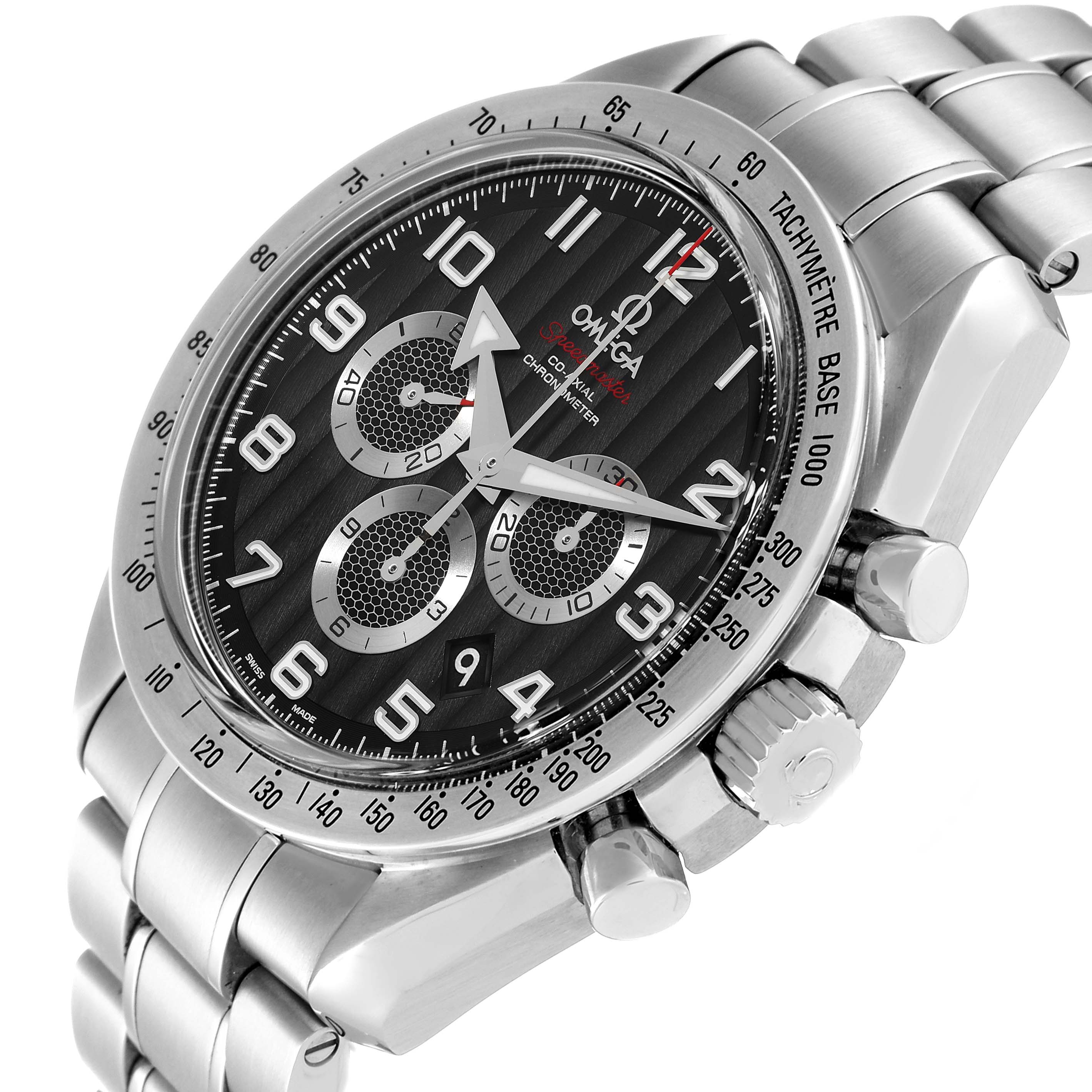 The image shows an angled view of an Omega Speedmaster 321.10.44.50.01.001 Men
s Stainless Steel Black Dial 321.10.44.50.01.001 Men
s Stainless Steel Black Dial watch, featuring its dial, bezel, crown, pushers, and metal bracelet.