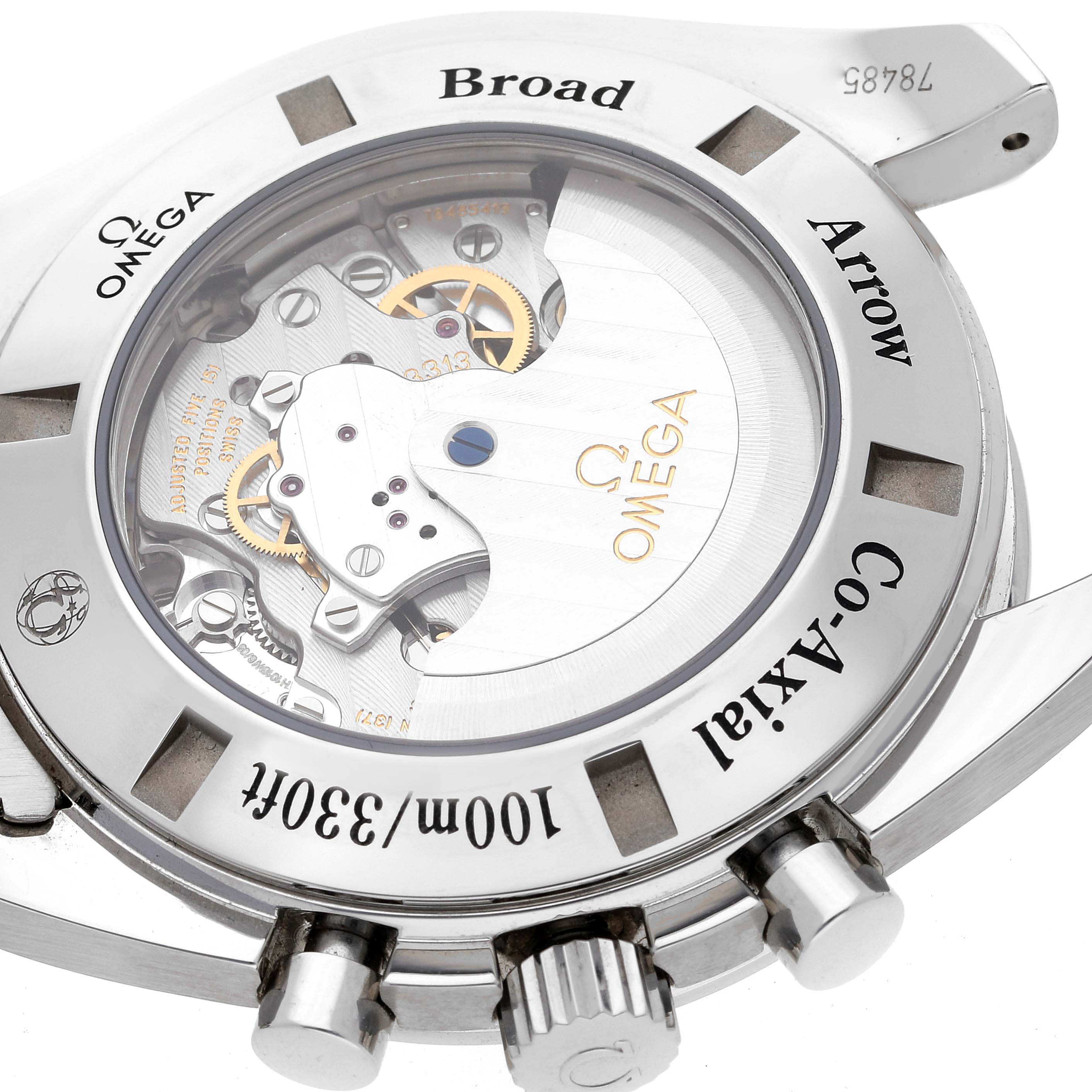 The image shows the back case of an Omega Speedmaster 321.10.44.50.01.001 Men
s Stainless Steel Black Dial 321.10.44.50.01.001 Men
s Stainless Steel Black Dial, highlighting the watch
s inner mechanical movement and labeled parts.