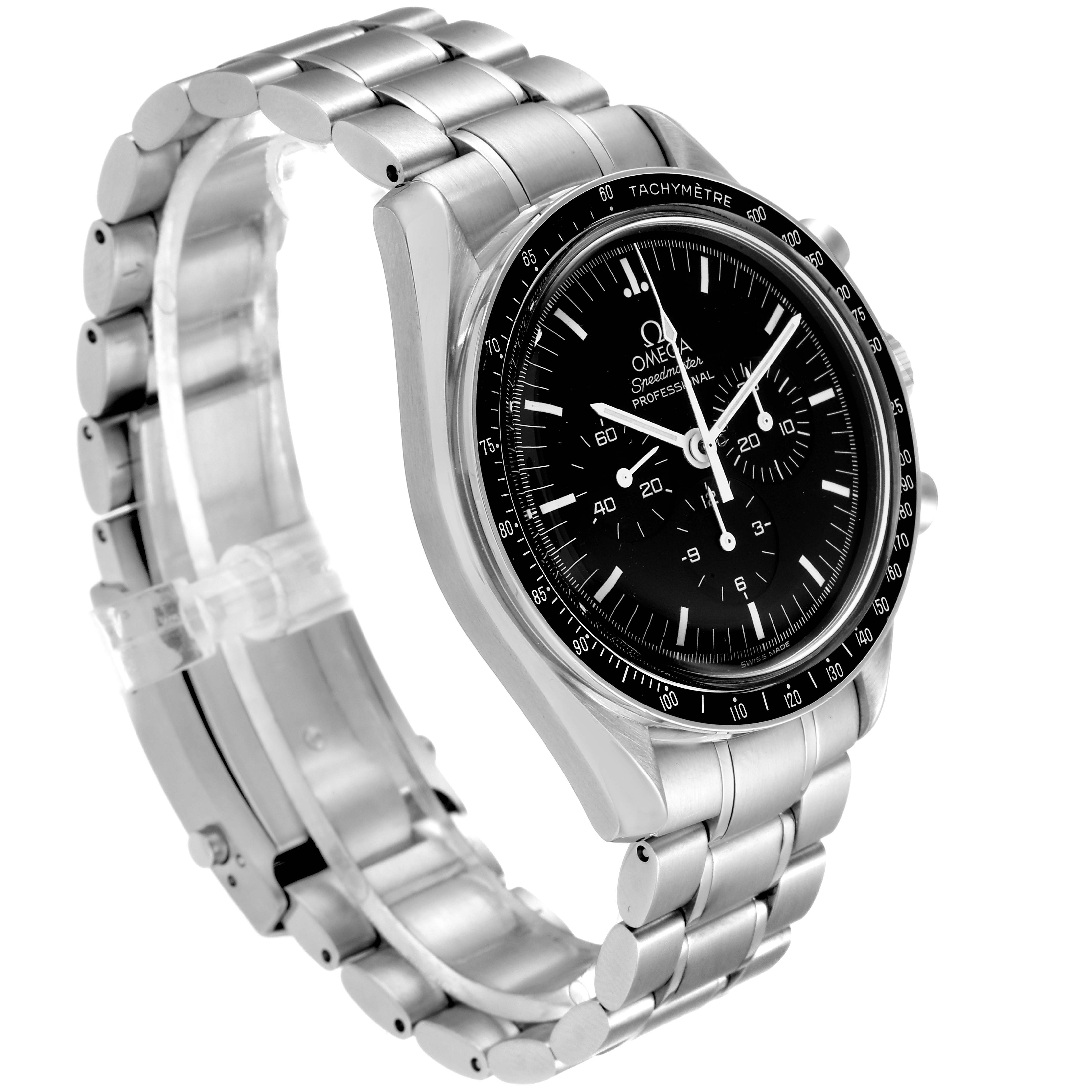 The Omega Speedmaster 3570.50.00 Men
s Stainless Steel Black Dial 3570.50.00 Men
s Stainless Steel Black Dial watch is shown at an angled view, highlighting the dial, tachymeter bezel, and stainless steel bracelet.