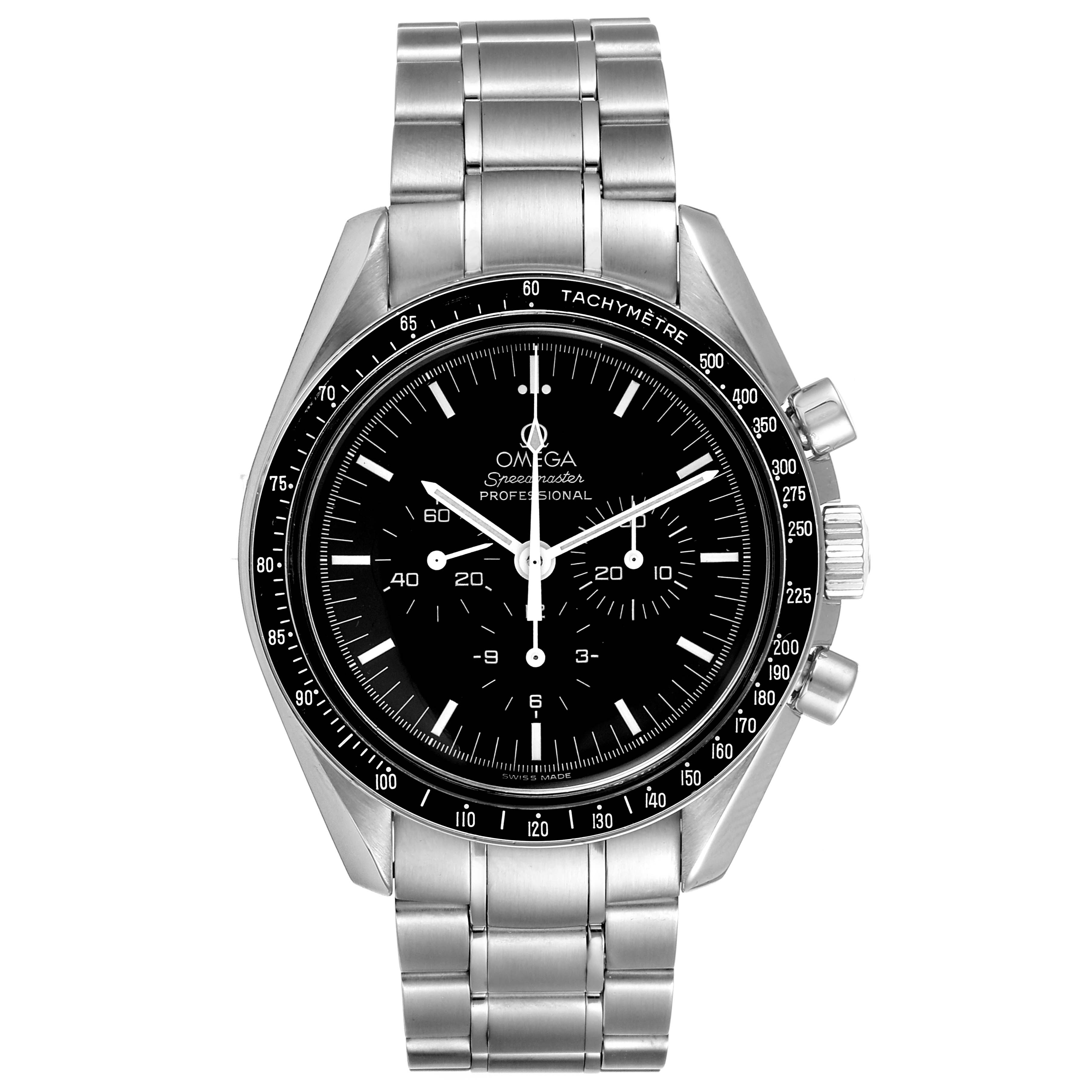 The Omega Speedmaster 3570.50.00 Men
s Stainless Steel Black Dial 3570.50.00 Men
s Stainless Steel Black Dial watch is shown from a front angle, displaying its dial, bezel, chronograph buttons, and bracelet.