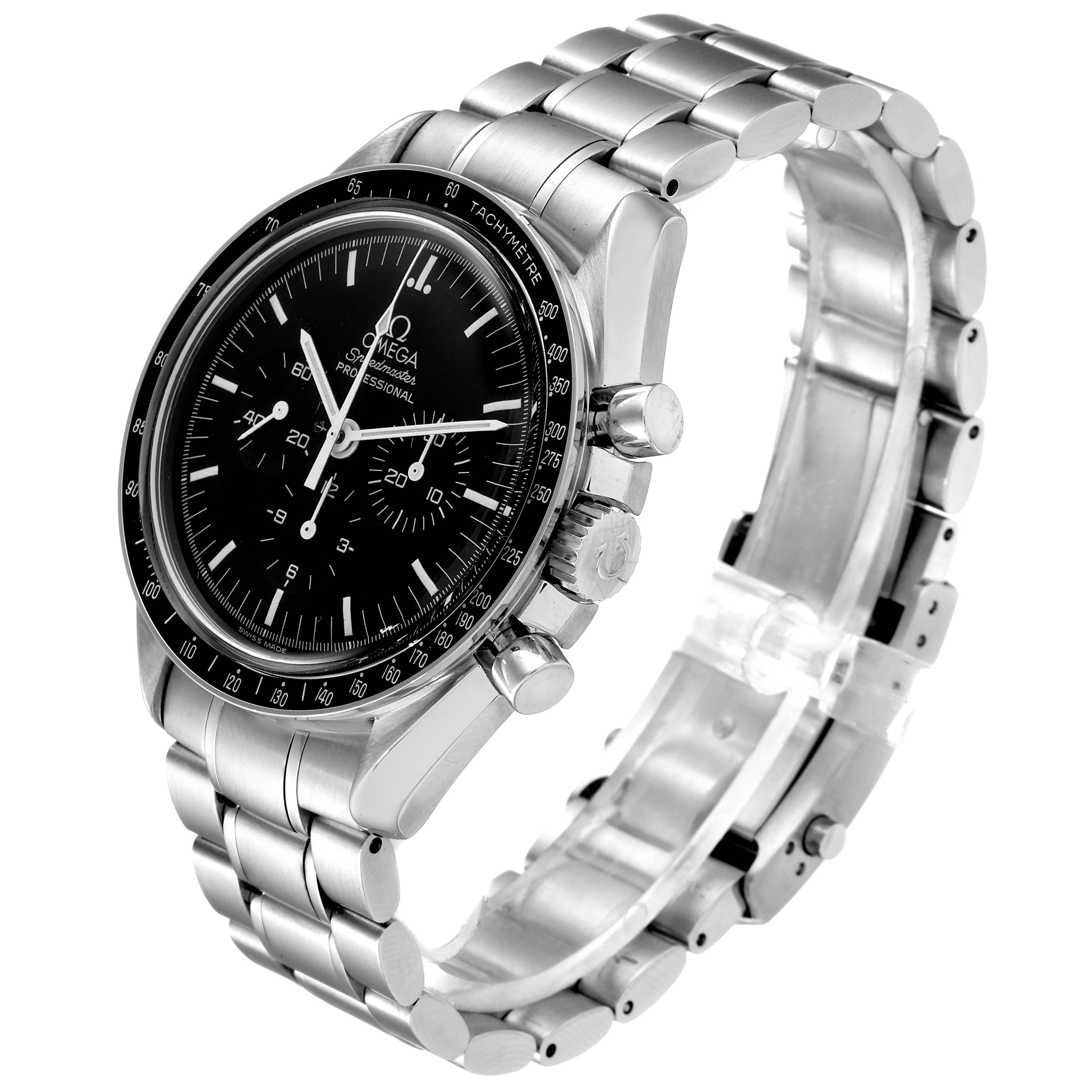 The Omega Speedmaster 3570.50.00 Men
s Stainless Steel Black Dial 3570.50.00 Men
s Stainless Steel Black Dial watch is shown at an angle displaying its black dial, tachymeter bezel, and stainless steel bracelet.