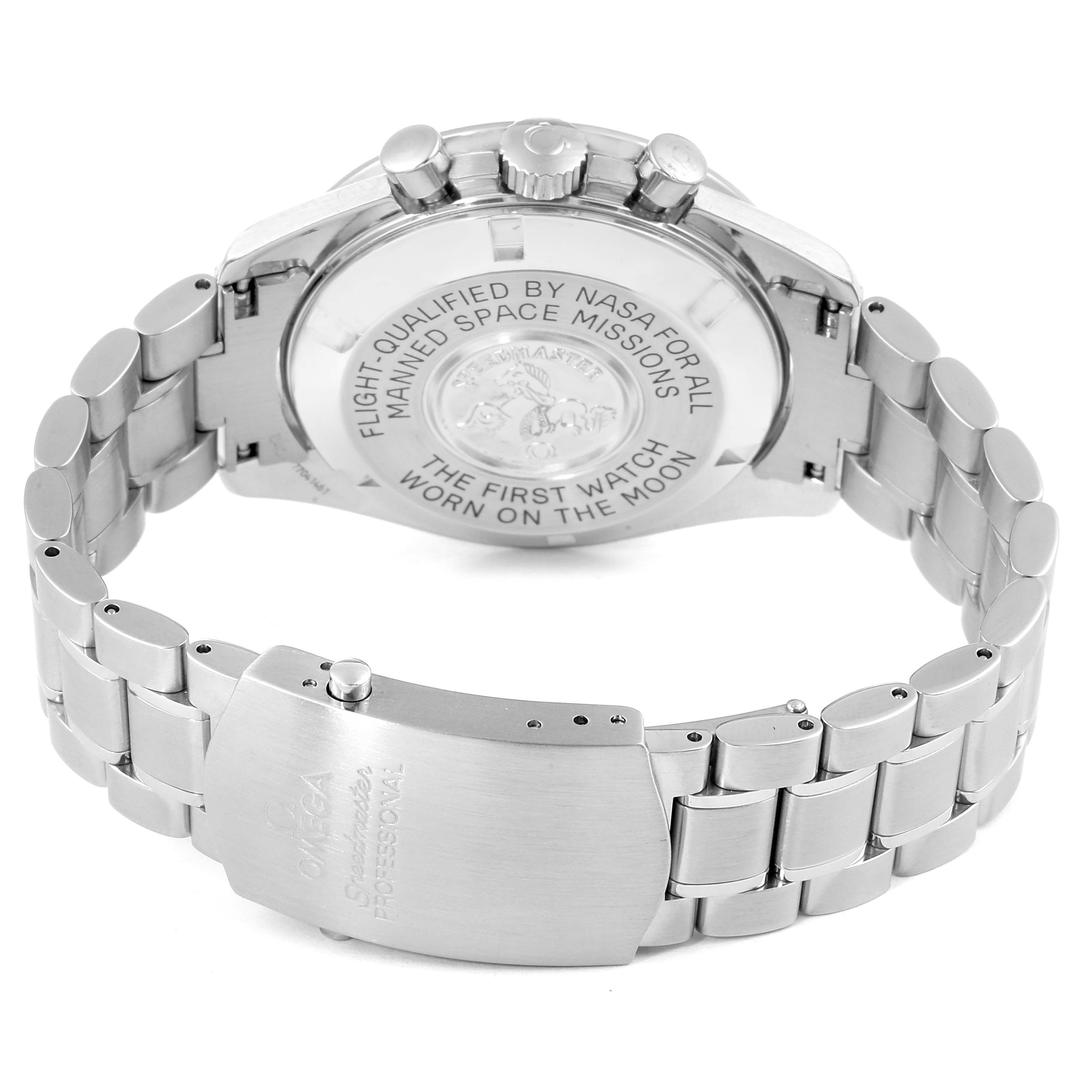 The image shows the back view of the Omega Speedmaster 3570.50.00 Men
s Stainless Steel Black Dial 3570.50.00 Men
s Stainless Steel Black Dial watch, highlighting the case back and metal bracelet.