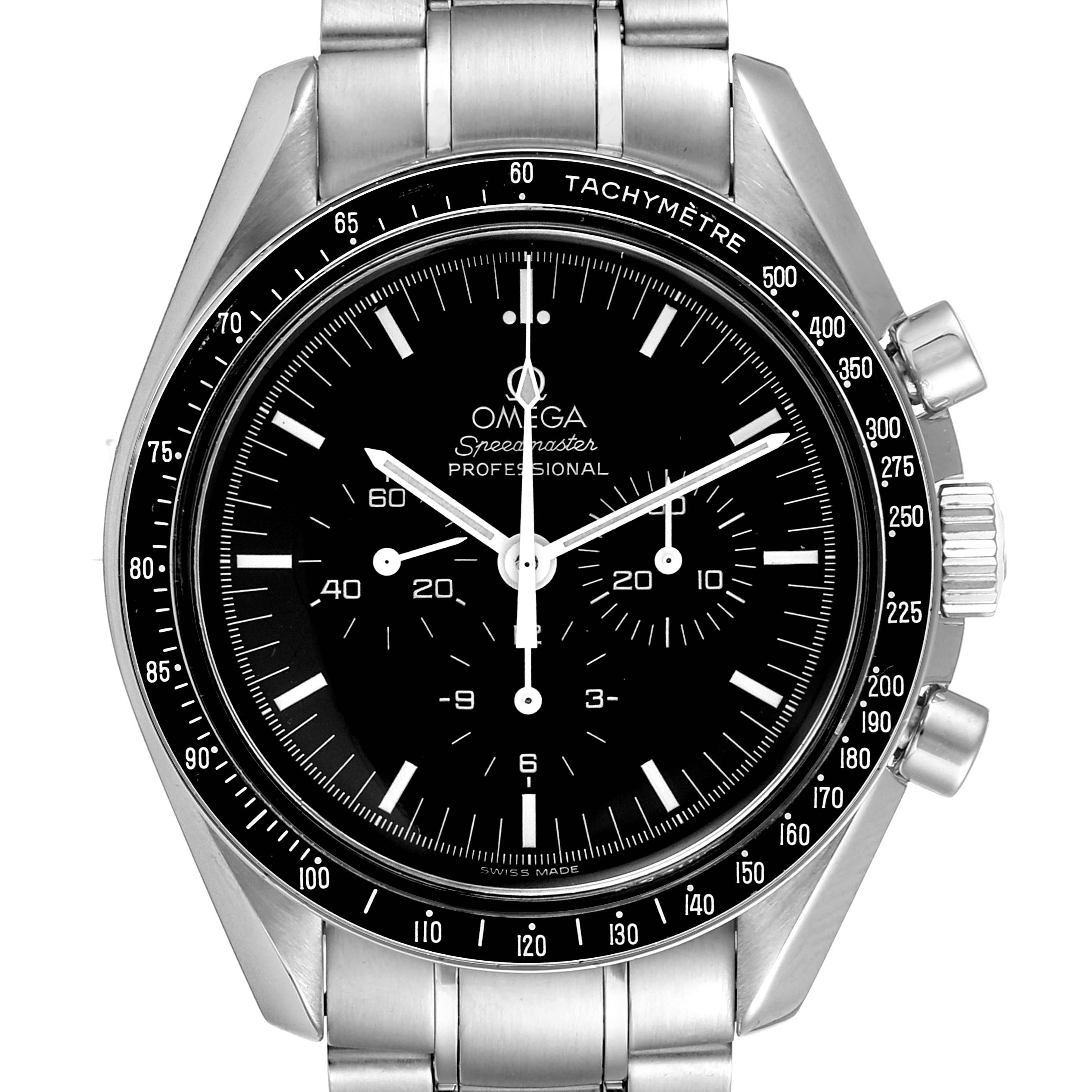 This image shows a front view of the Omega Speedmaster 3570.50.00 Men
s Stainless Steel Black Dial 3570.50.00 Men
s Stainless Steel Black Dial watch, highlighting its black dial, tachymeter bezel, and stainless steel bracelet.