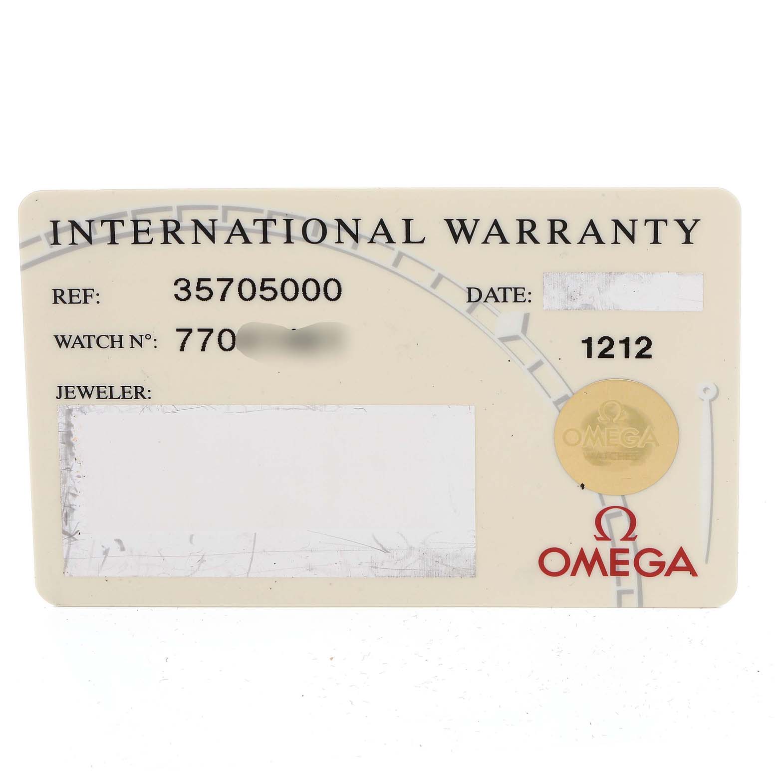 The image shows an Omega Speedmaster 3570.50.00 Men
s Stainless Steel Black Dial 3570.50.00 Men
s Stainless Steel Black Dial International Warranty card with details like reference number, watch number, and date.