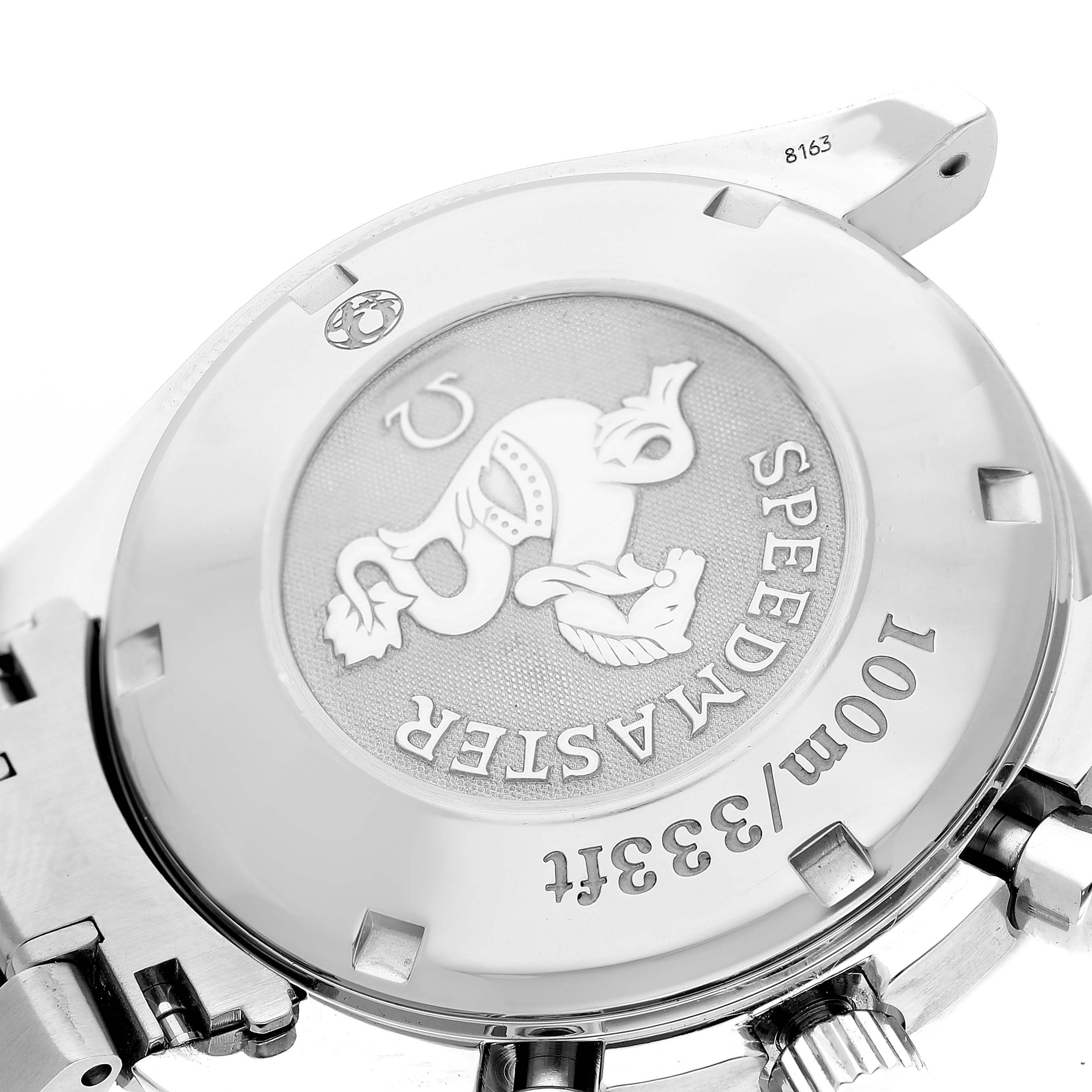 The image shows the back case of an Omega Speedmaster 3210.51.00 Men's Stainless Steel Black Dial watch, featuring the engraved logo and text details.