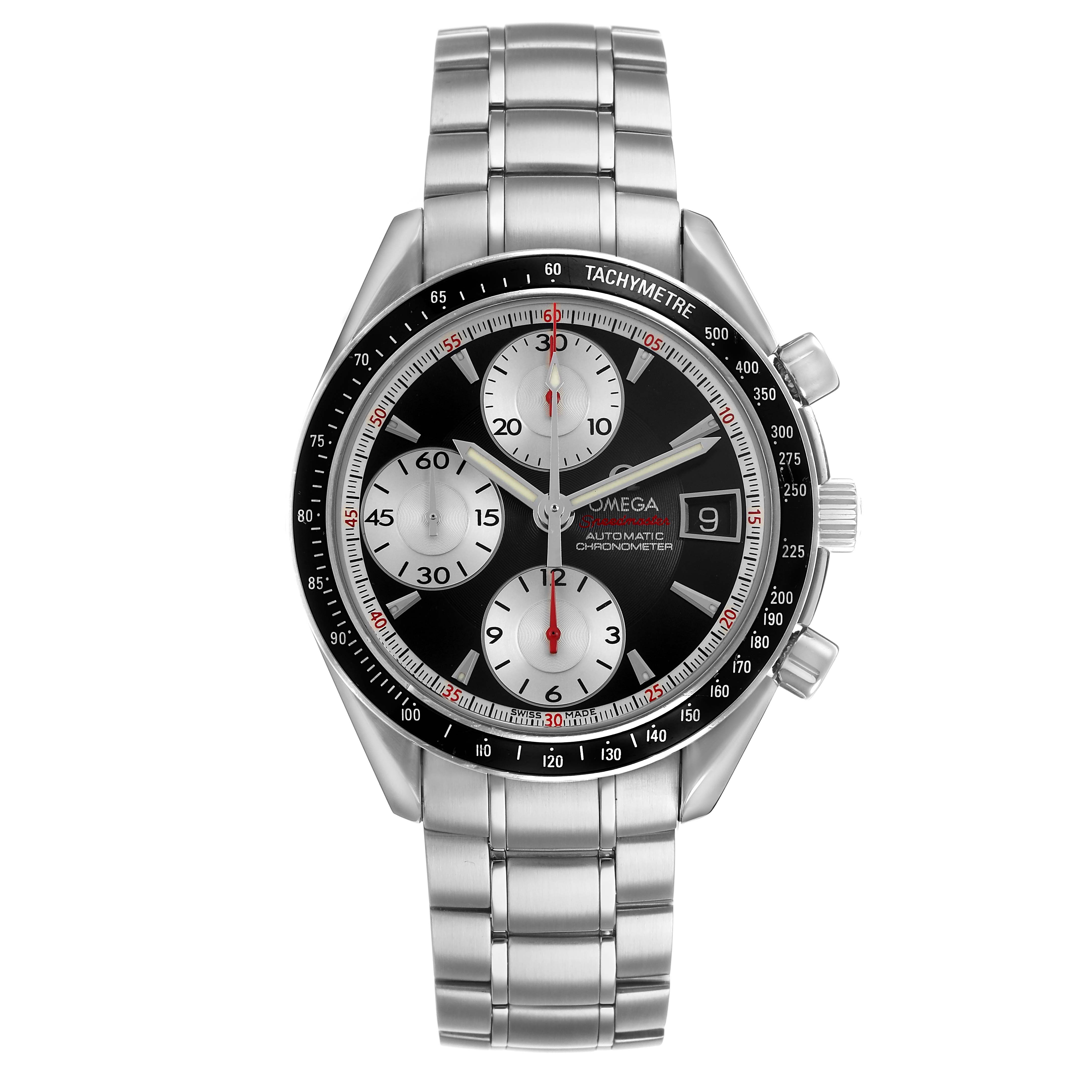 The Omega Speedmaster 3210.51.00 Men's Stainless Steel Black Dial watch is shown from a front angle, displaying the face, bezel, pushers, and stainless steel bracelet.
