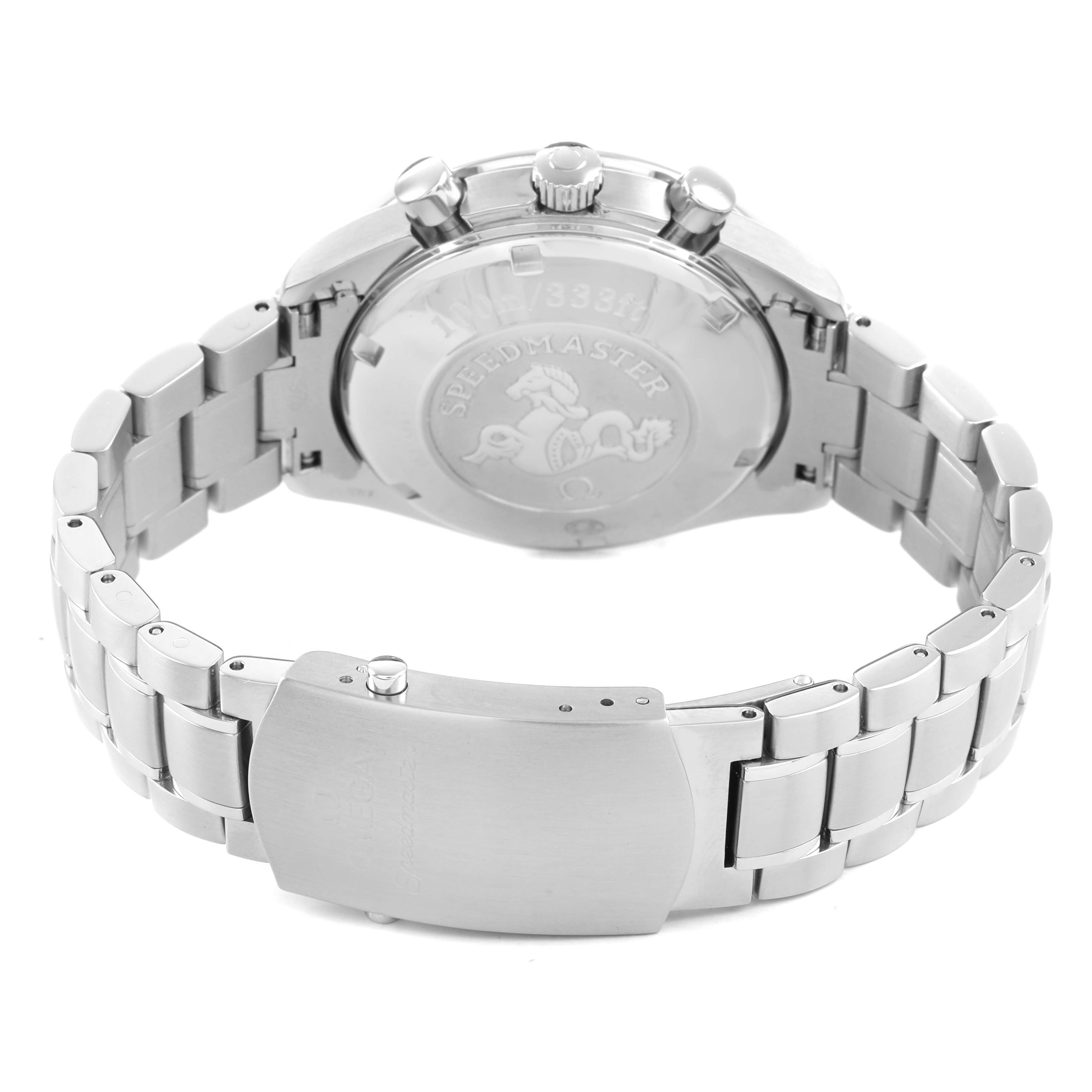 The image shows the back and bracelet of an Omega Speedmaster 3210.51.00 Men's Stainless Steel Black Dial watch, highlighting the closed clasp and engraved case back.