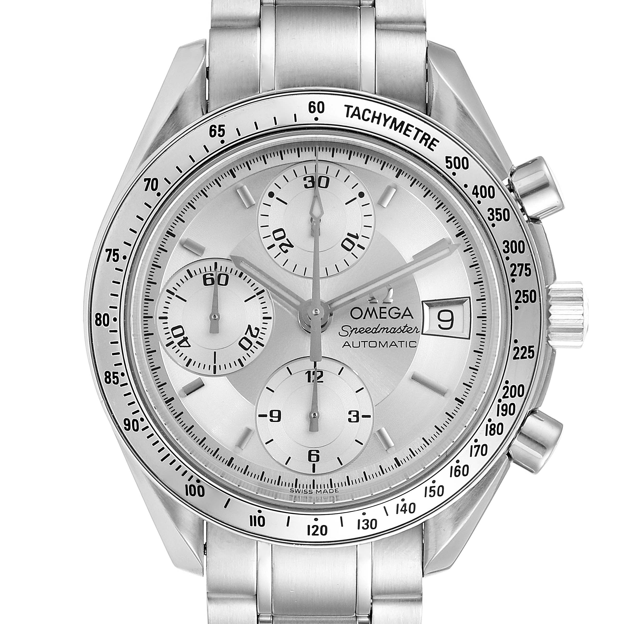 The Omega Speedmaster 3513.30.00 Men
s Stainless Steel Silver Dial 3513.30.00 Men
s Stainless Steel Silver Dial watch is shown from a front angle, displaying its face, bezel, and part of the metal bracelet.