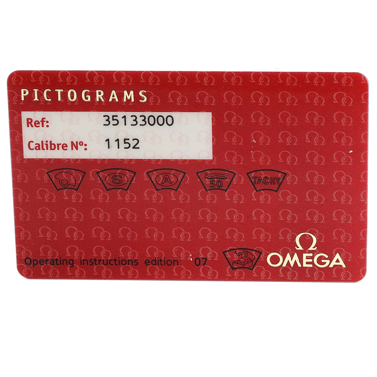 This image shows a red Omega Speedmaster 3513.30.00 Men
s Stainless Steel Silver Dial 3513.30.00 Men
s Stainless Steel Silver Dial pictograms card with reference number 35133000 and calibre number 1152.