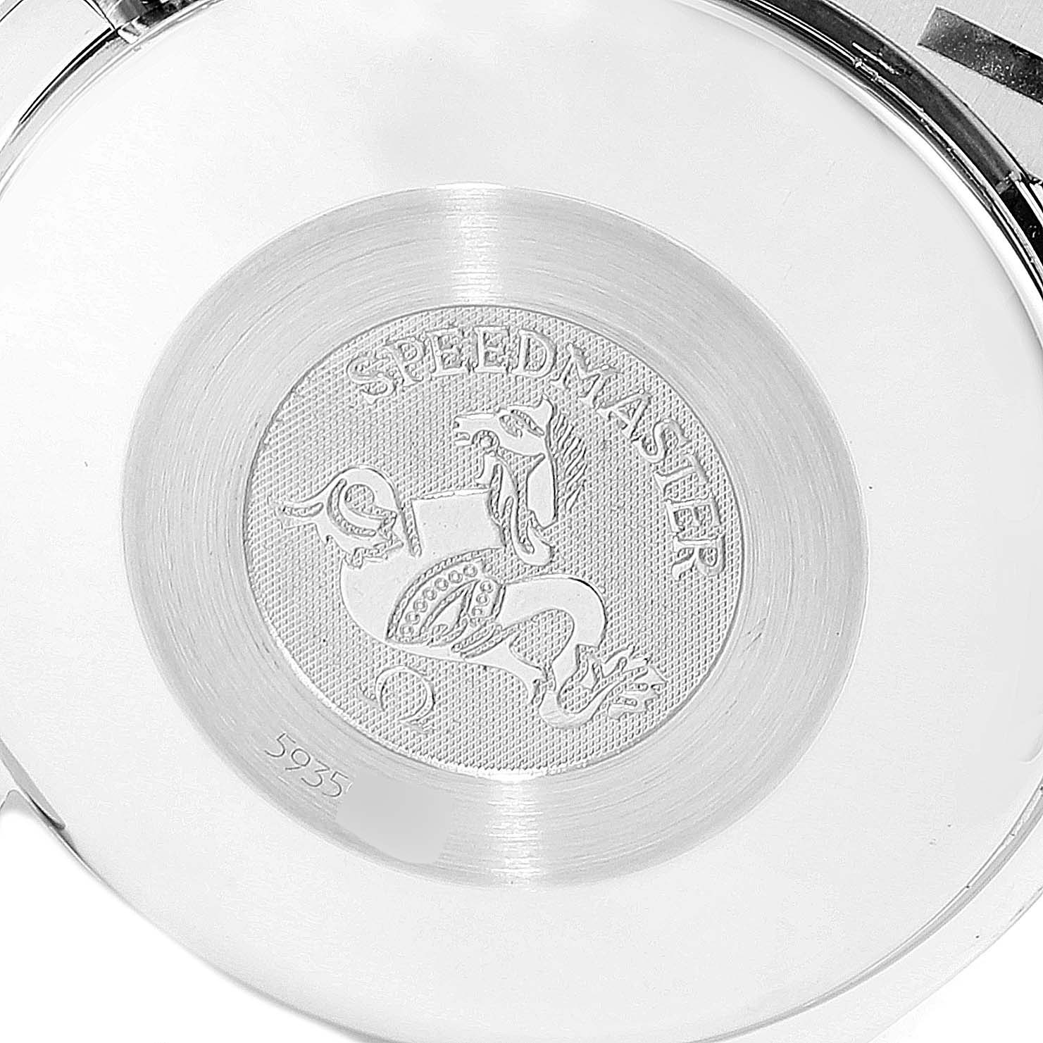 This image shows the back case of an Omega Speedmaster 3513.30.00 Men
s Stainless Steel Silver Dial 3513.30.00 Men
s Stainless Steel Silver Dial watch, featuring an embossed logo and engraving.