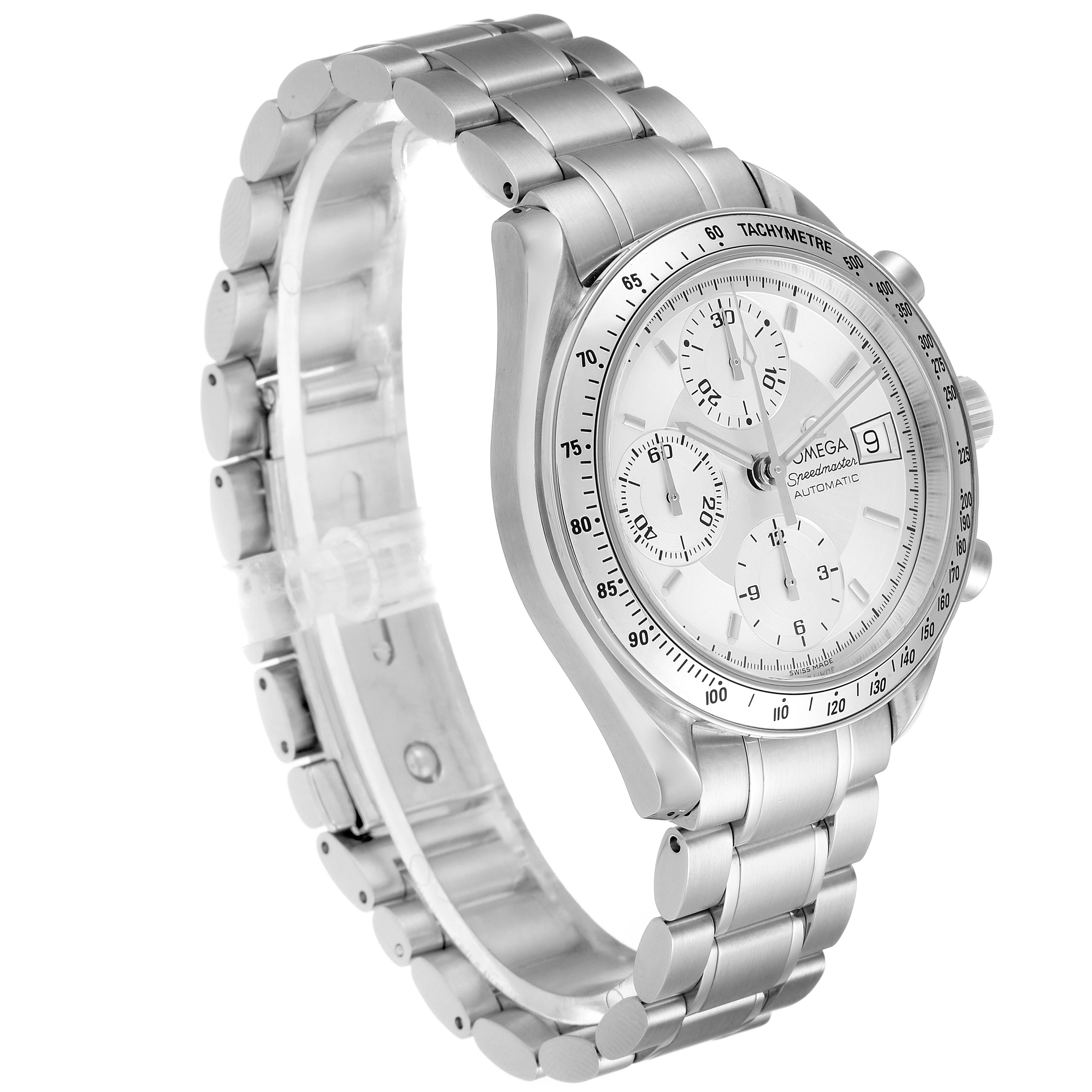 The Omega Speedmaster 3513.30.00 Men
s Stainless Steel Silver Dial 3513.30.00 Men
s Stainless Steel Silver Dial is shown at a left side angle, highlighting its bracelet, crown, and chronograph pushers.