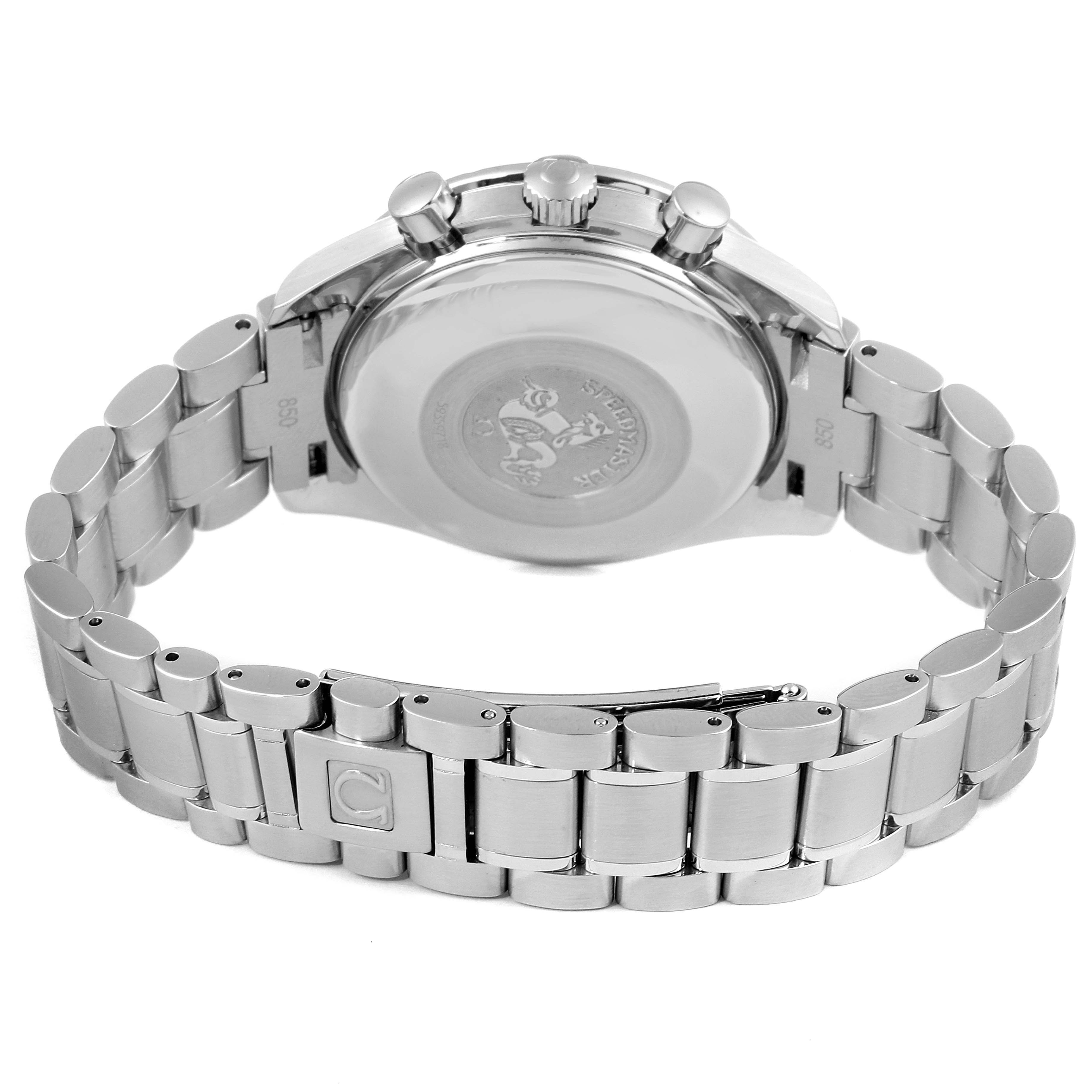 The image shows the back and clasp of an Omega Speedmaster 3513.30.00 Men
s Stainless Steel Silver Dial 3513.30.00 Men
s Stainless Steel Silver Dial watch, highlighting its stainless steel bracelet and case back.