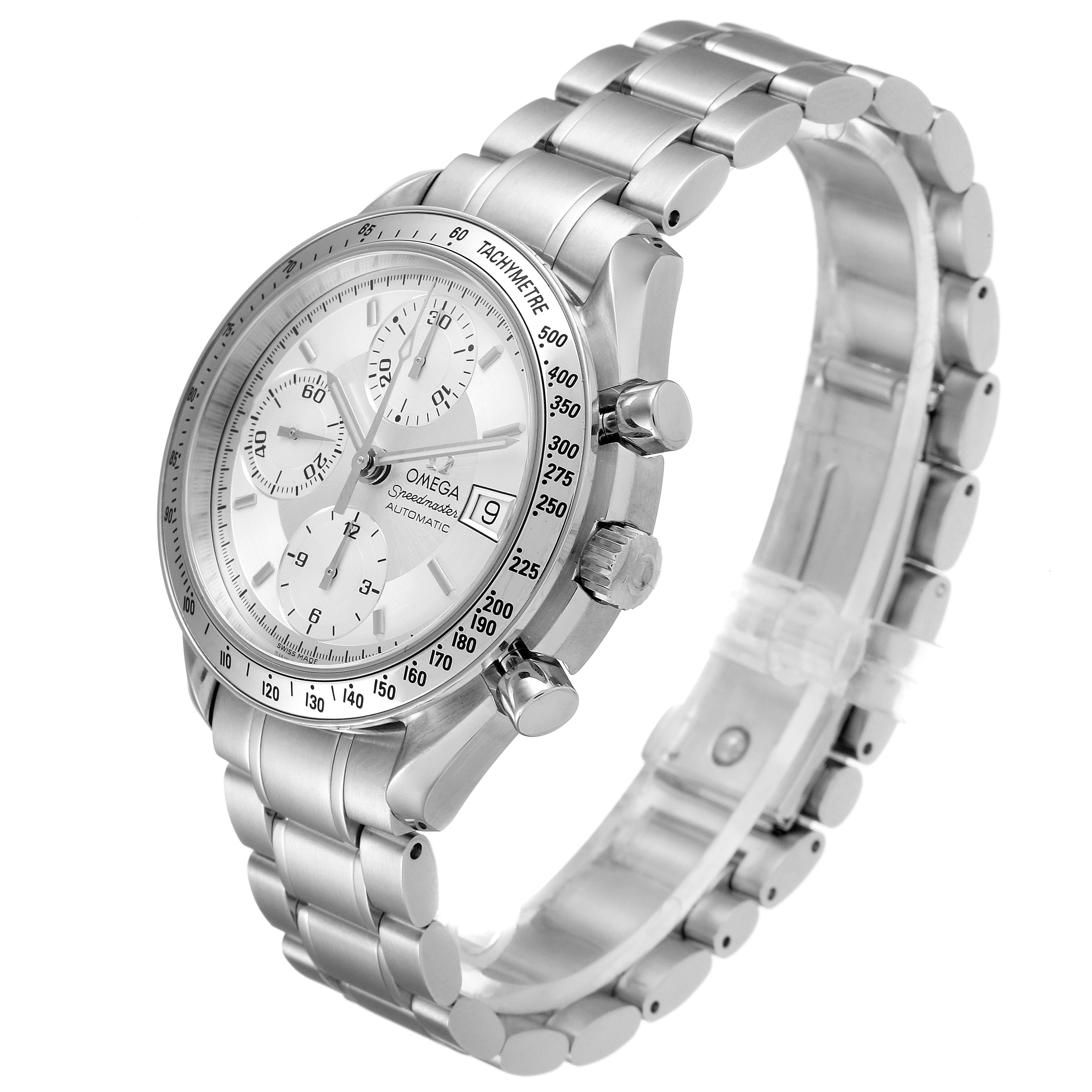 The Omega Speedmaster 3513.30.00 Men
s Stainless Steel Silver Dial 3513.30.00 Men
s Stainless Steel Silver Dial watch is shown at an angled side view, displaying its dial, bezel, crown, pushers, and bracelet.