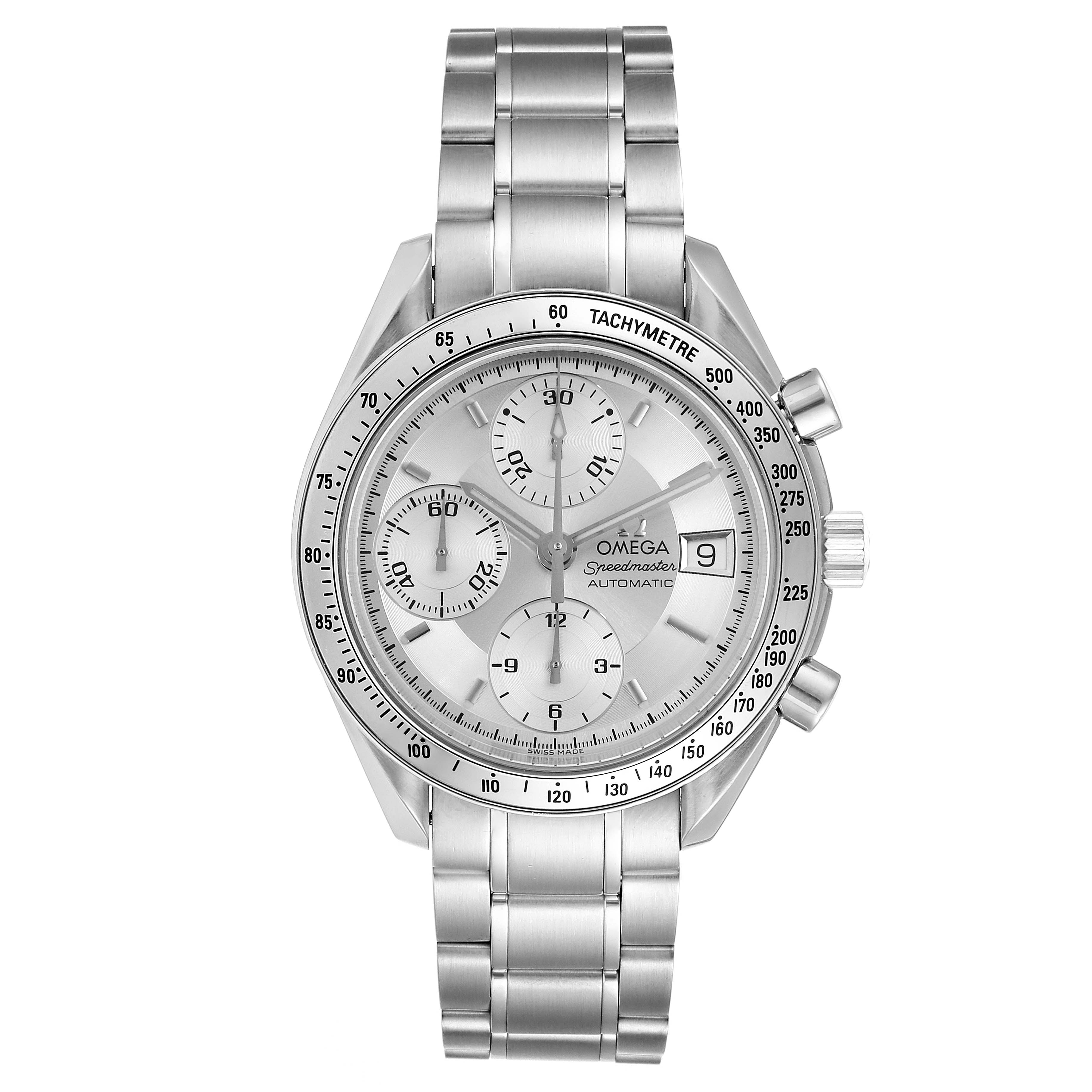 The image shows the front view of an Omega Speedmaster 3513.30.00 Men
s Stainless Steel Silver Dial 3513.30.00 Men
s Stainless Steel Silver Dial watch, displaying the dial, chronograph subdials, tachymeter bezel, and metal bracelet.