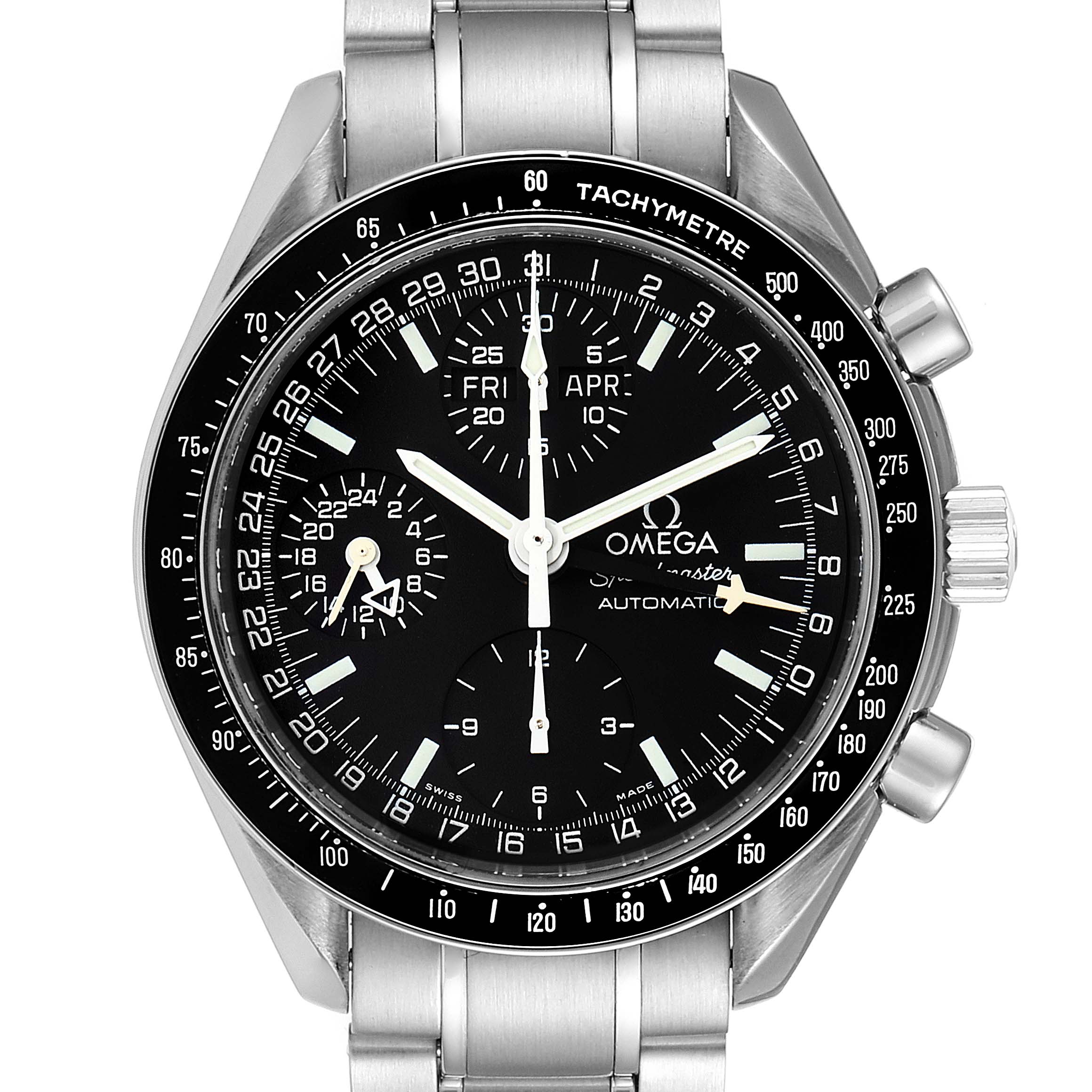 This image shows a front view of the Omega Speedmaster 3520.50.00 Men
s Stainless Steel  3520.50.00 Men
s Stainless Steel  watch, showcasing the dial, chronograph subdials, and tachymeter bezel.