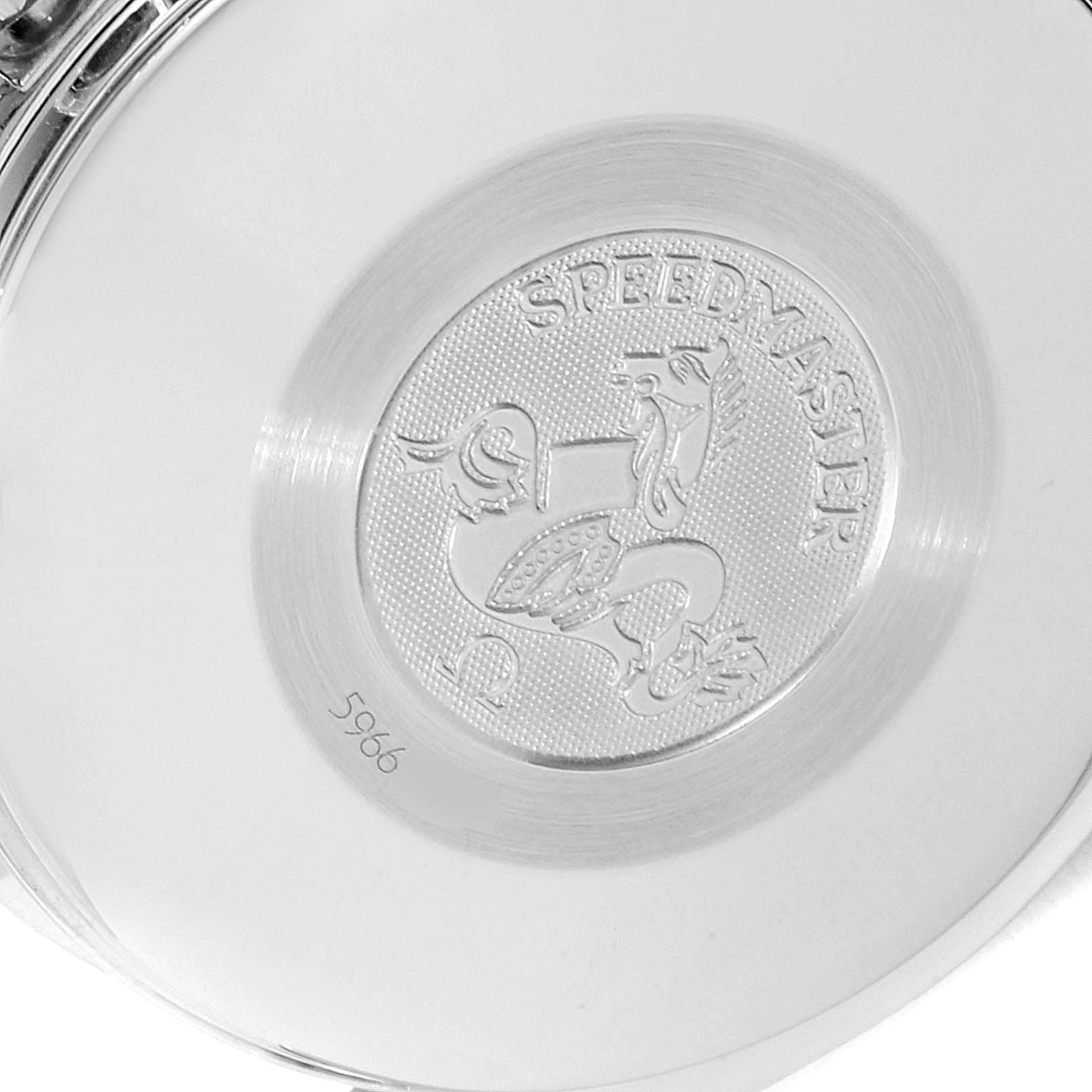 This image shows the back case of an Omega Speedmaster 3520.50.00 Men
s Stainless Steel  3520.50.00 Men
s Stainless Steel  watch, engraved with the model name and logo.