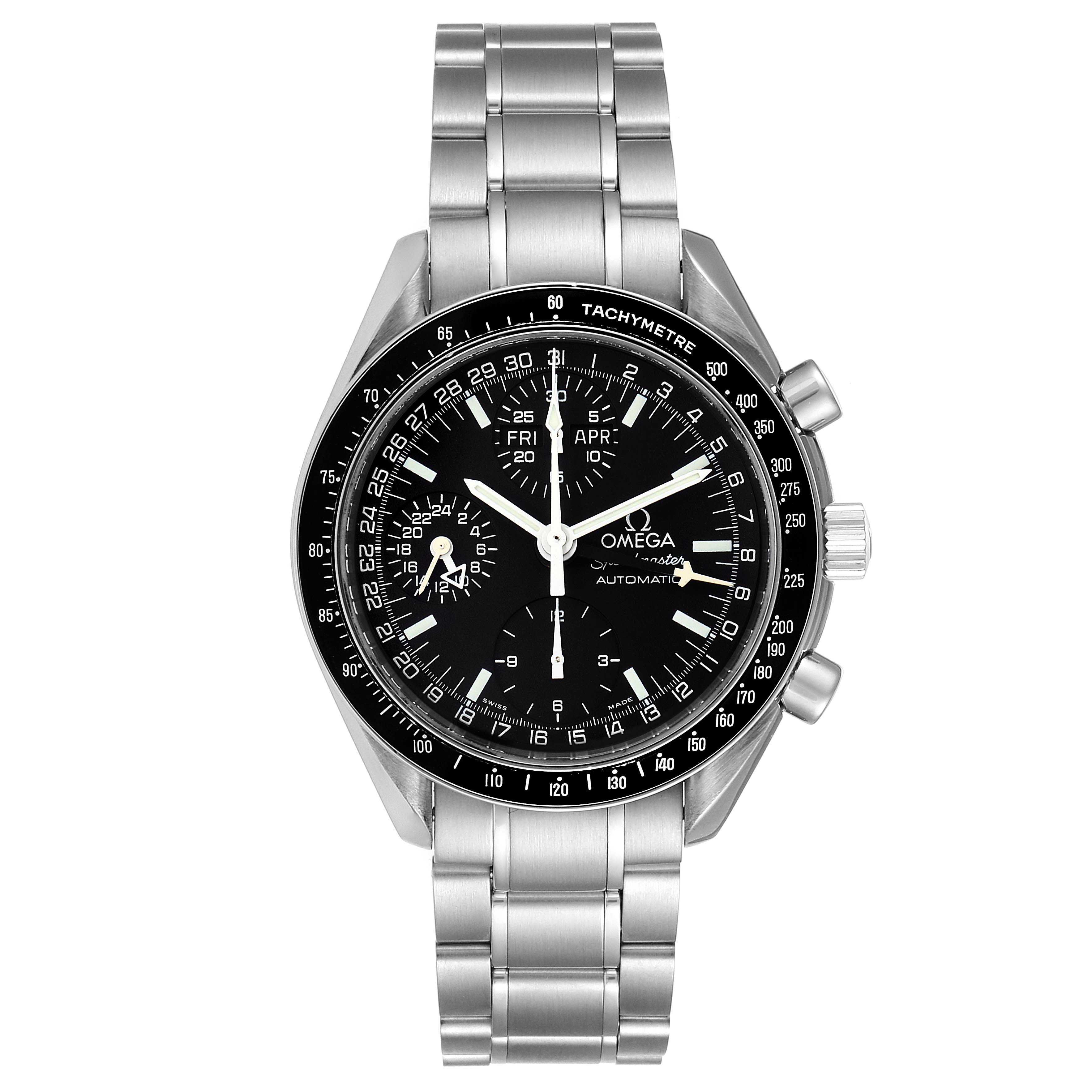The Omega Speedmaster 3520.50.00 Men
s Stainless Steel  3520.50.00 Men
s Stainless Steel  watch is shown from the front displaying its dial, bezel, and stainless steel bracelet.