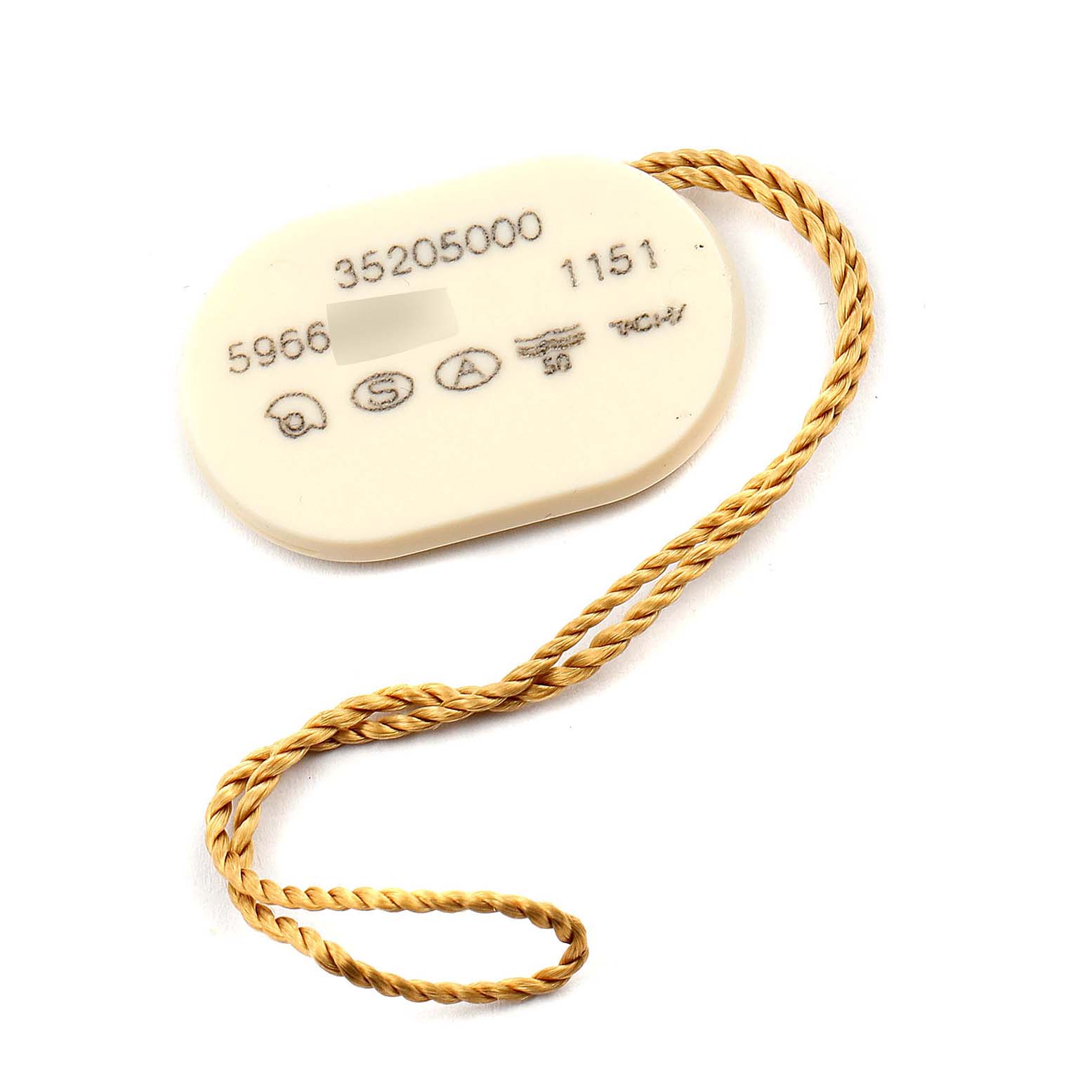 This image shows a label tag with a golden rope, part of the accessories for an Omega Speedmaster 3520.50.00 Men
s Stainless Steel  3520.50.00 Men
s Stainless Steel  watch.