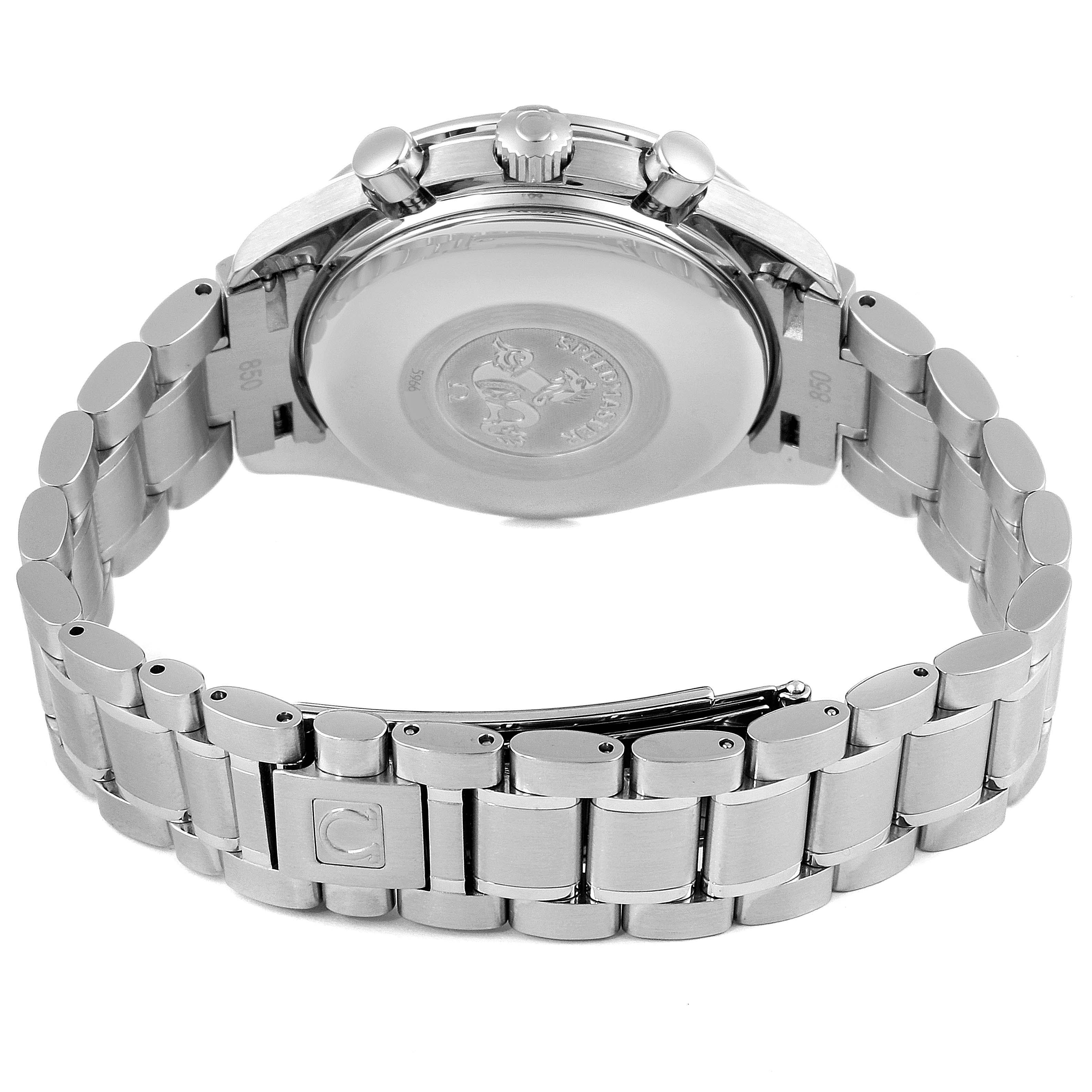 This is a rear view of the Omega Speedmaster 3520.50.00 Men
s Stainless Steel  3520.50.00 Men
s Stainless Steel , showing the stainless steel case back, crown, pushers, and bracelet with a clasp.