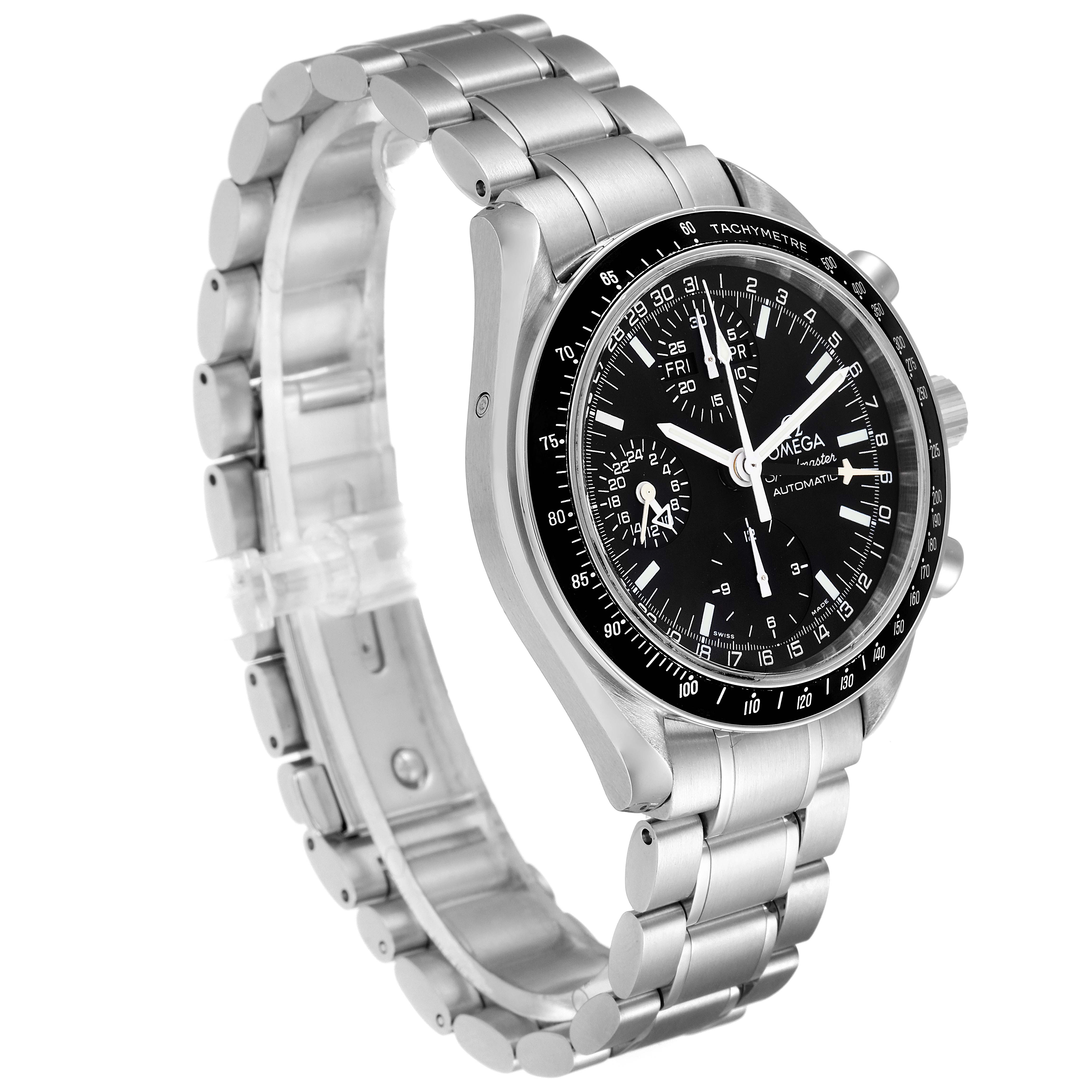 The Omega Speedmaster 3520.50.00 Men
s Stainless Steel  3520.50.00 Men
s Stainless Steel  watch is shown at a three-quarter angle, highlighting its black dial, tachymetre bezel, and stainless steel bracelet.