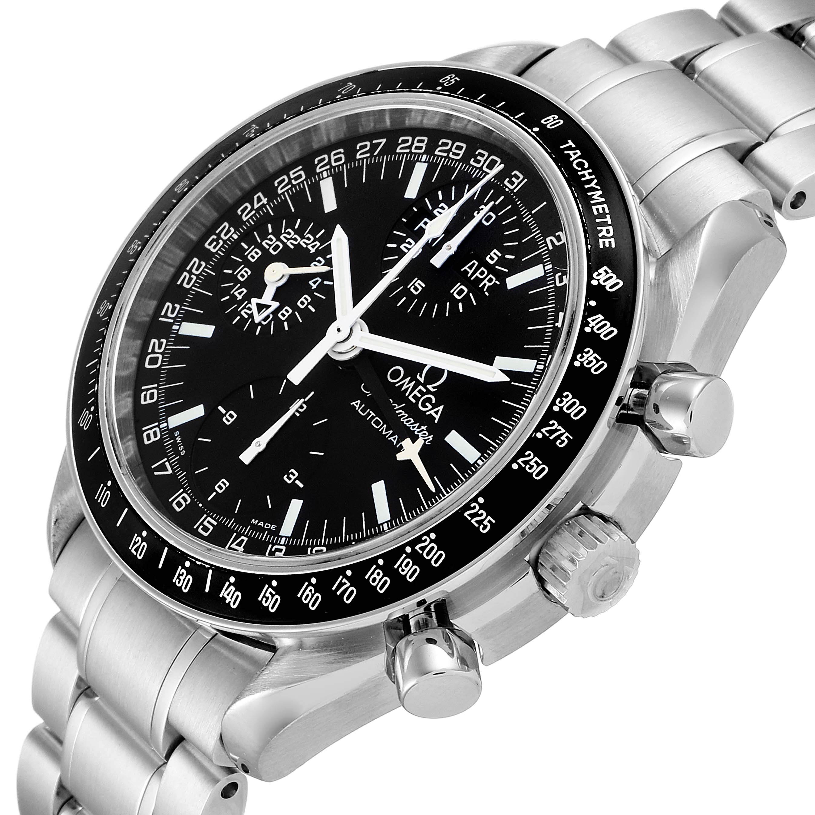 This Omega Speedmaster 3520.50.00 Men
s Stainless Steel  3520.50.00 Men
s Stainless Steel  watch is shown from an angled close-up, highlighting the face, subdials, tachymeter bezel, and part of the metal bracelet.