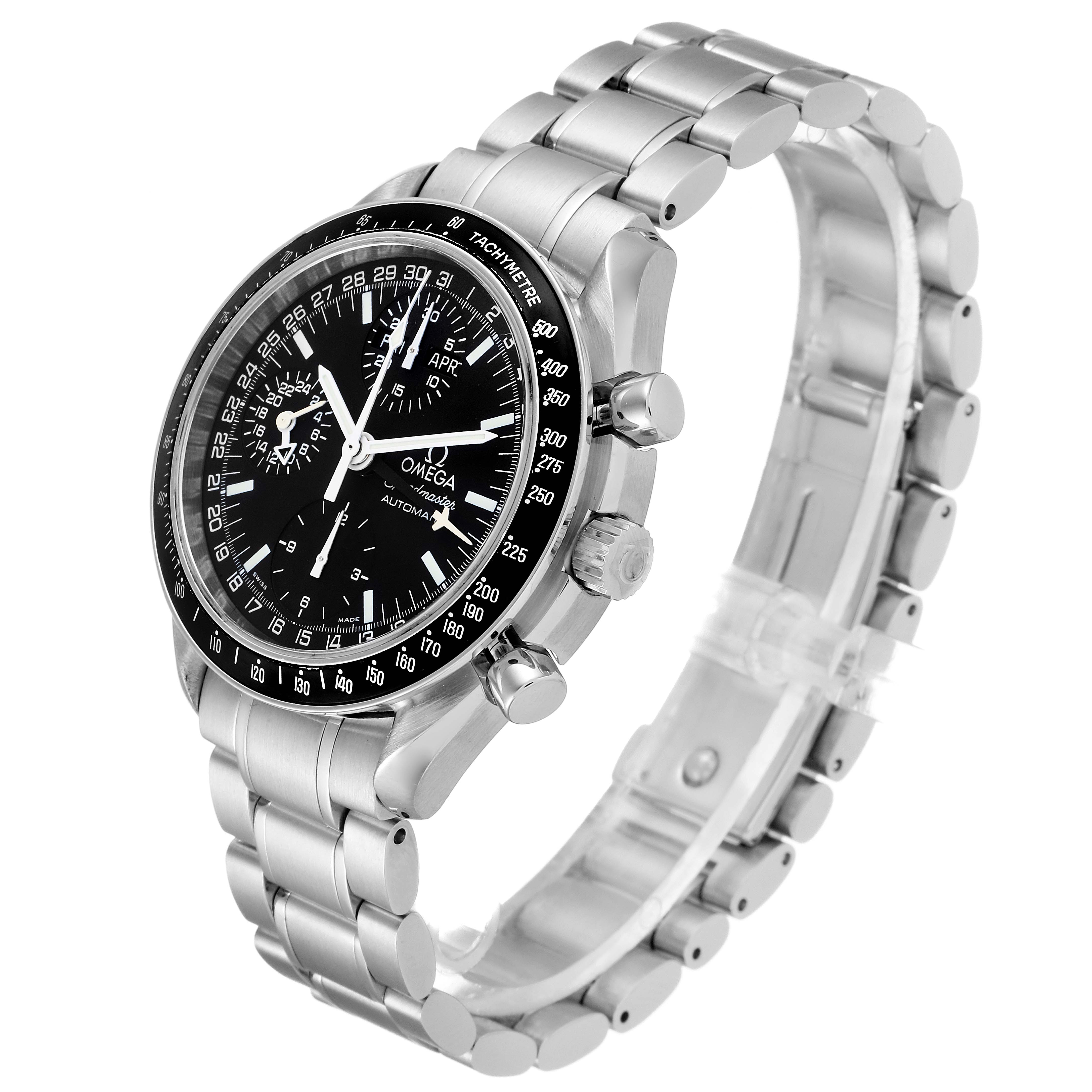 The Omega Speedmaster 3520.50.00 Men
s Stainless Steel  3520.50.00 Men
s Stainless Steel  watch is shown at a three-quarter angle, displaying its face, side buttons, and metal bracelet.