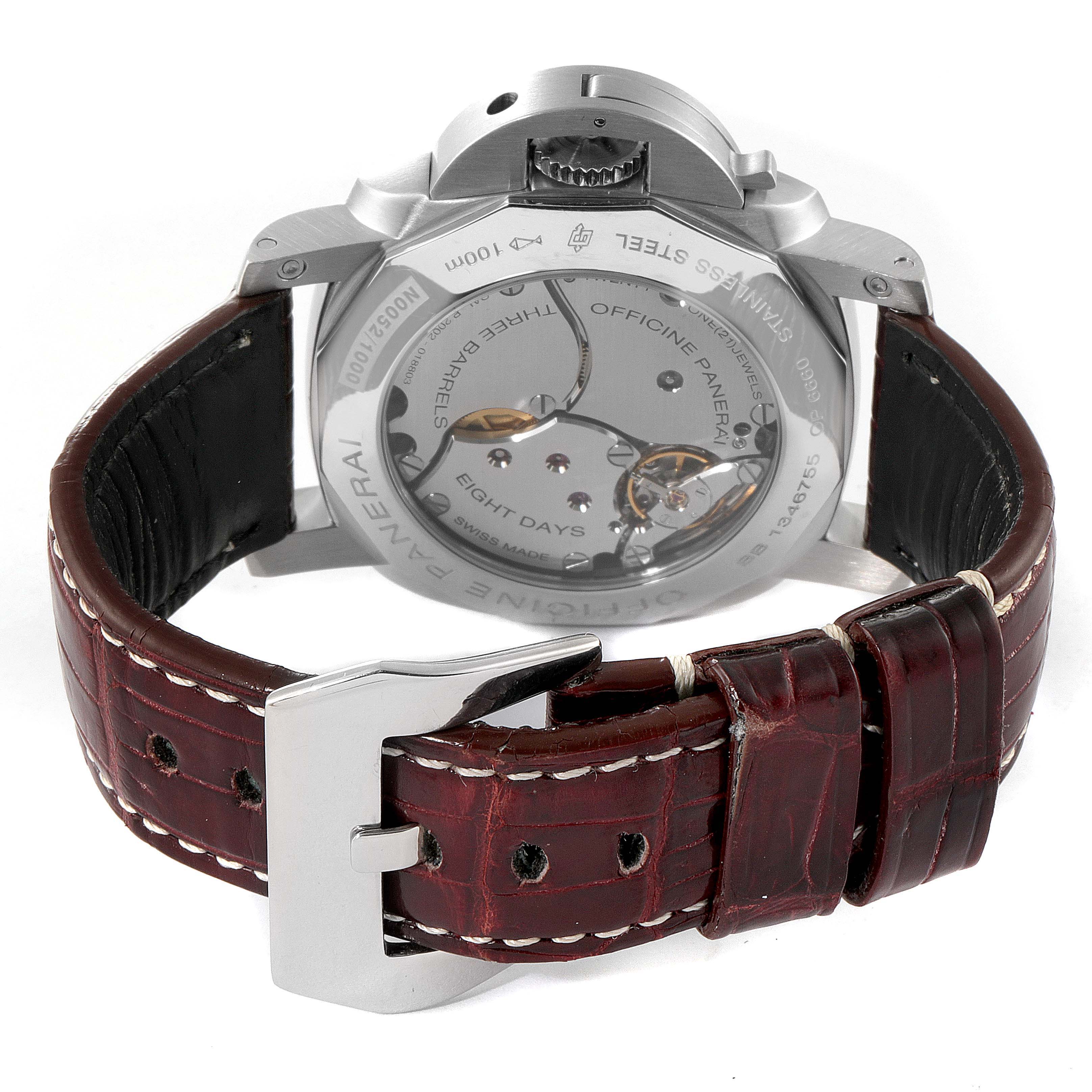 The image shows the back view of a Panerai Luminor PAM00233 Men's Stainless Steel Black Dial PAM00233 Men's Stainless Steel Black Dial watch, highlighting its caseback and leather strap.