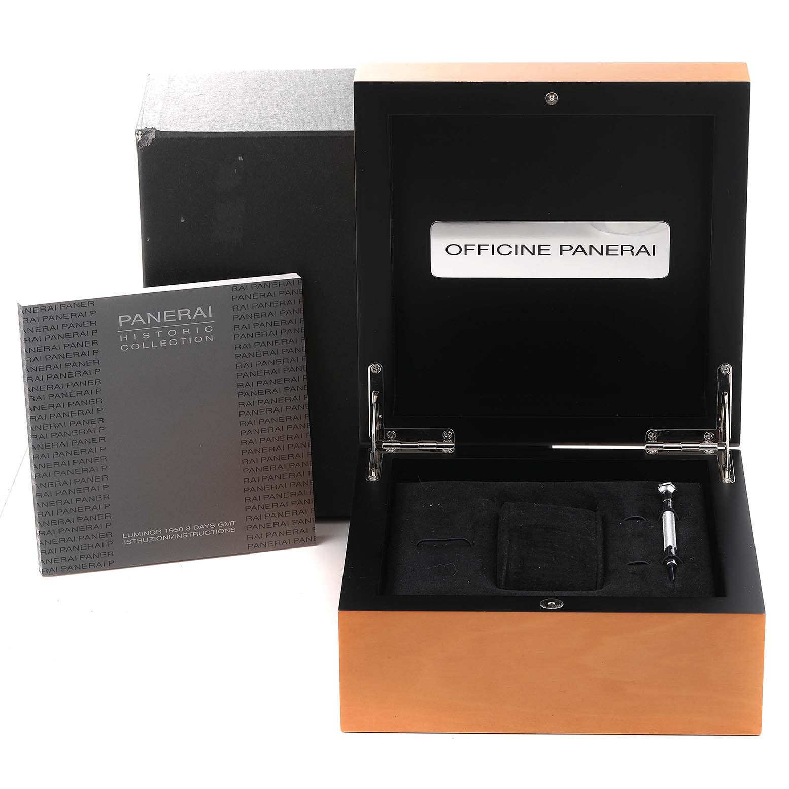 The image shows an open presentation box, screwdriver, and manual for a Panerai Luminor PAM00233 Men's Stainless Steel Black Dial PAM00233 Men's Stainless Steel Black Dial model watch.