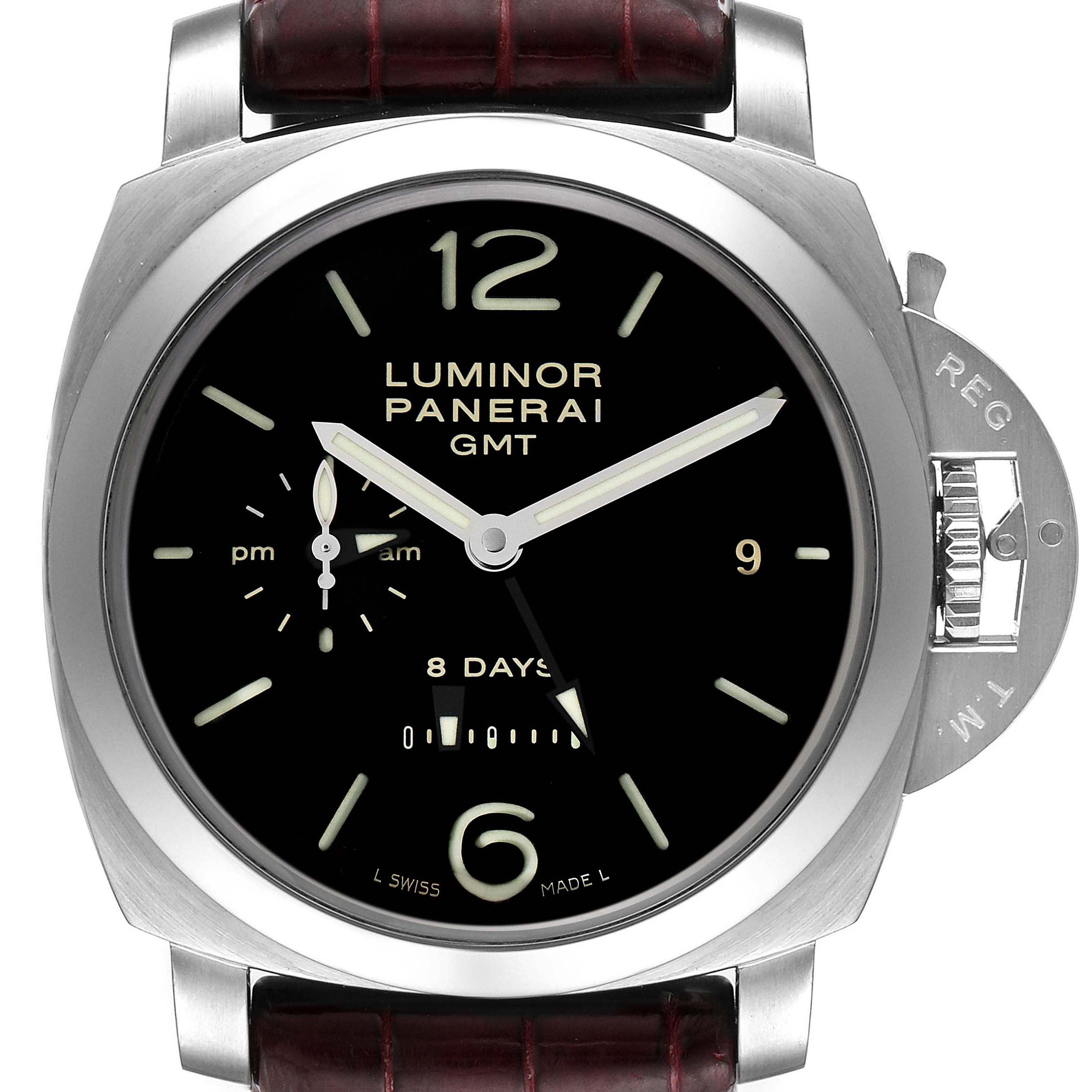 The image shows a frontal view of a Panerai Luminor PAM00233 Men's Stainless Steel Black Dial PAM00233 Men's Stainless Steel Black Dial GMT watch, displaying its black dial, hands, markers, and crown guard.