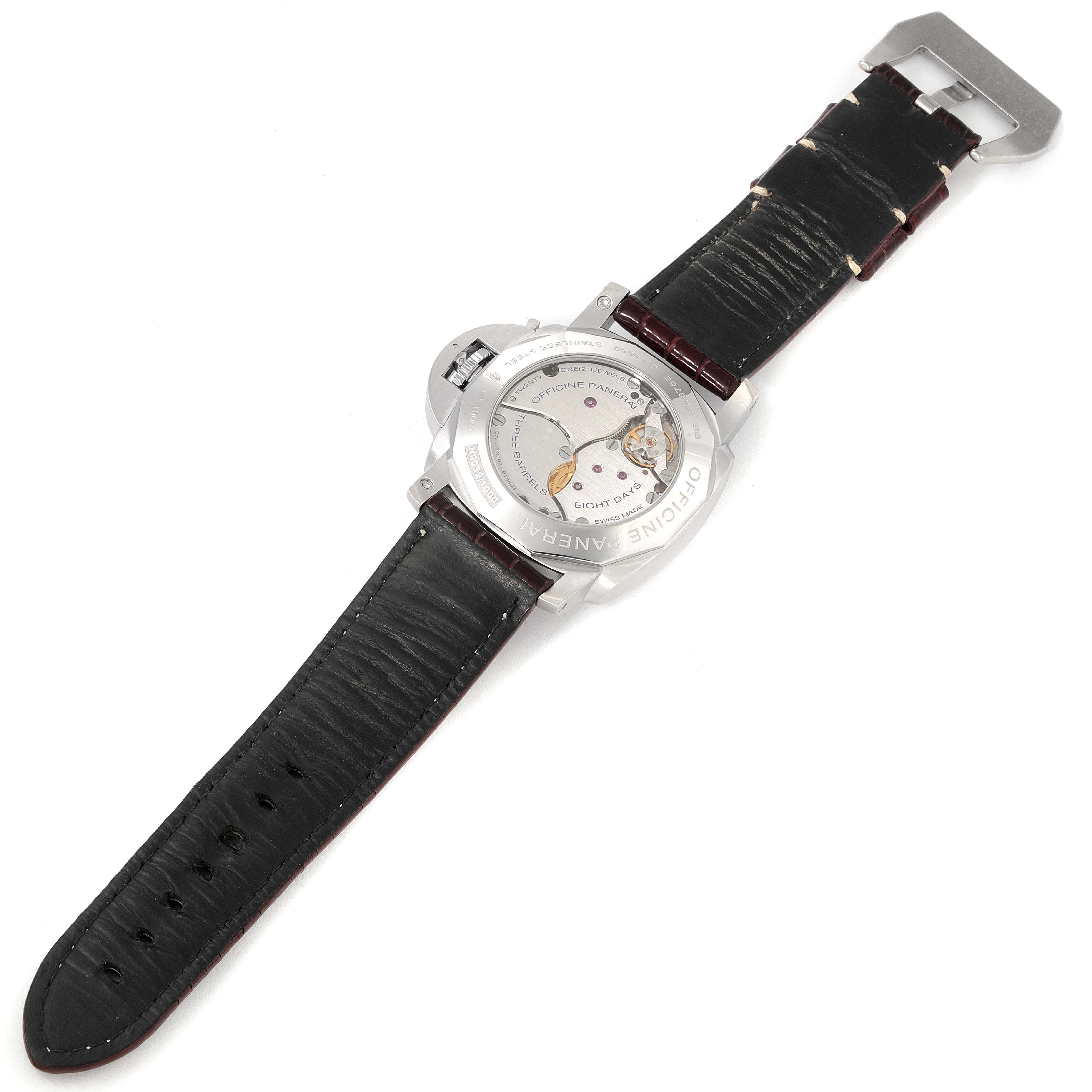 The image shows the back view of a Panerai Luminor PAM00233 Men's Stainless Steel Black Dial PAM00233 Men's Stainless Steel Black Dial watch, displaying its case back and black leather strap.