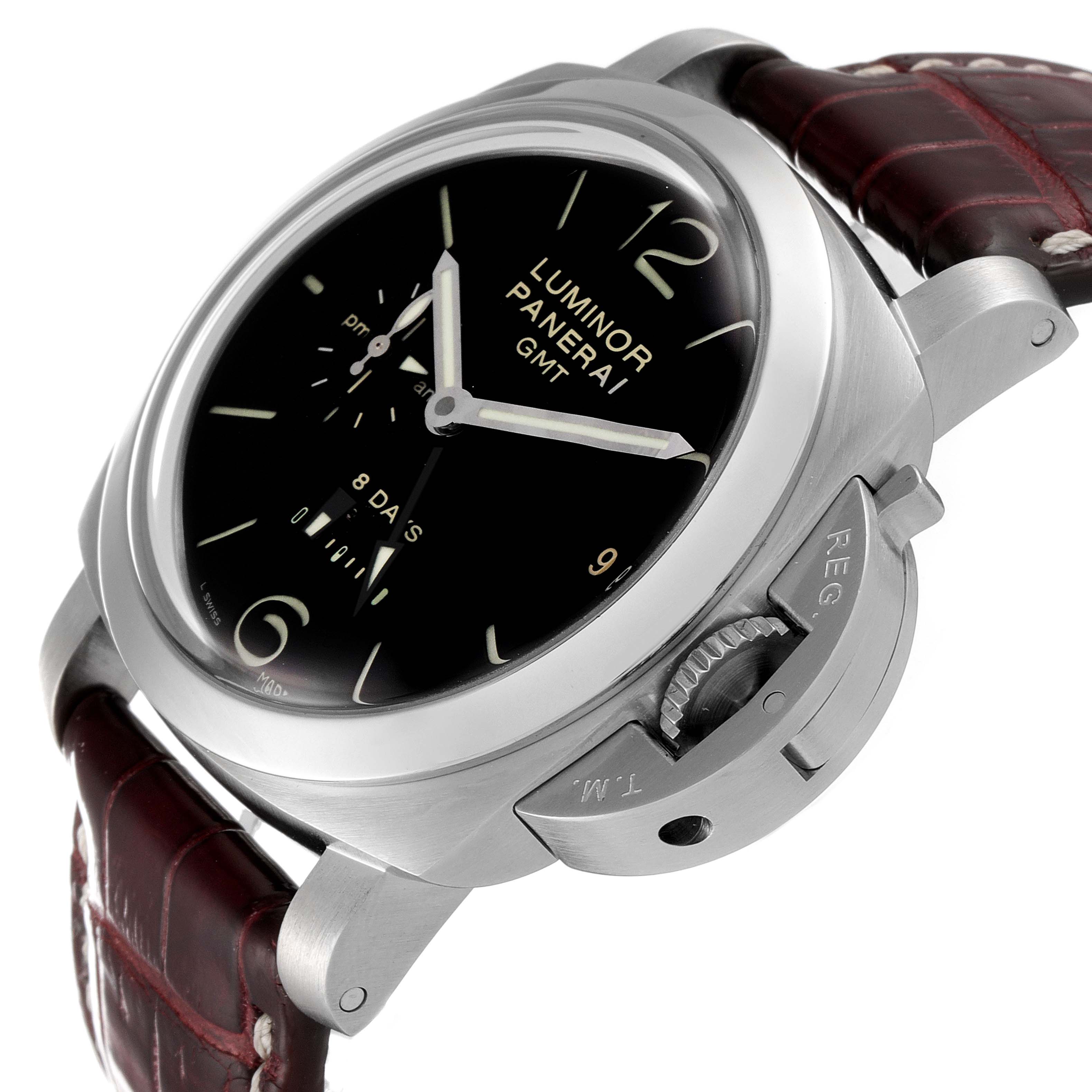 This image shows a Panerai Luminor PAM00233 Men's Stainless Steel Black Dial PAM00233 Men's Stainless Steel Black Dial GMT watch from an angled side view, highlighting the crown guard and brown leather strap.