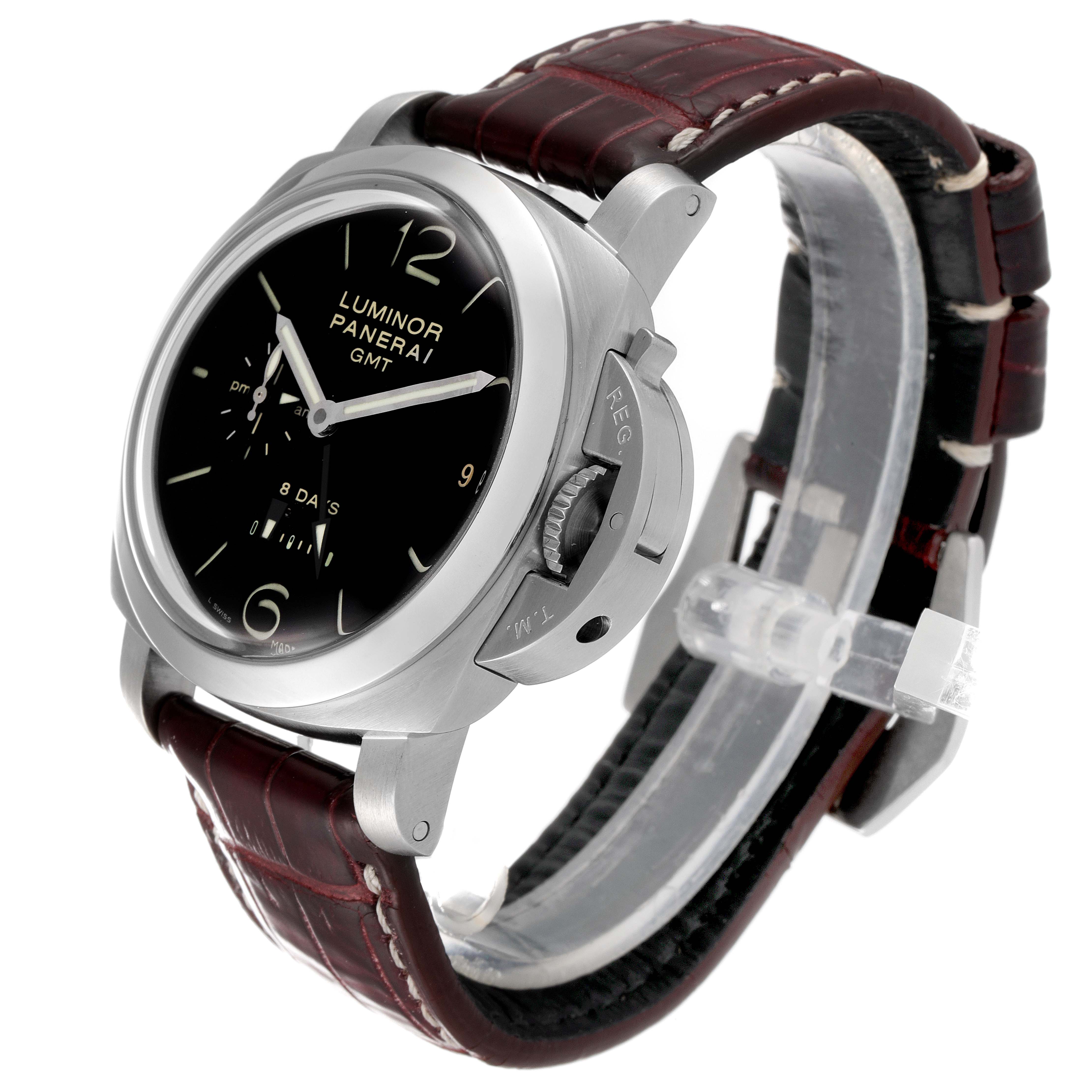 The image shows a side-angle view of a Panerai Luminor PAM00233 Men's Stainless Steel Black Dial PAM00233 Men's Stainless Steel Black Dial watch with a brown leather strap.