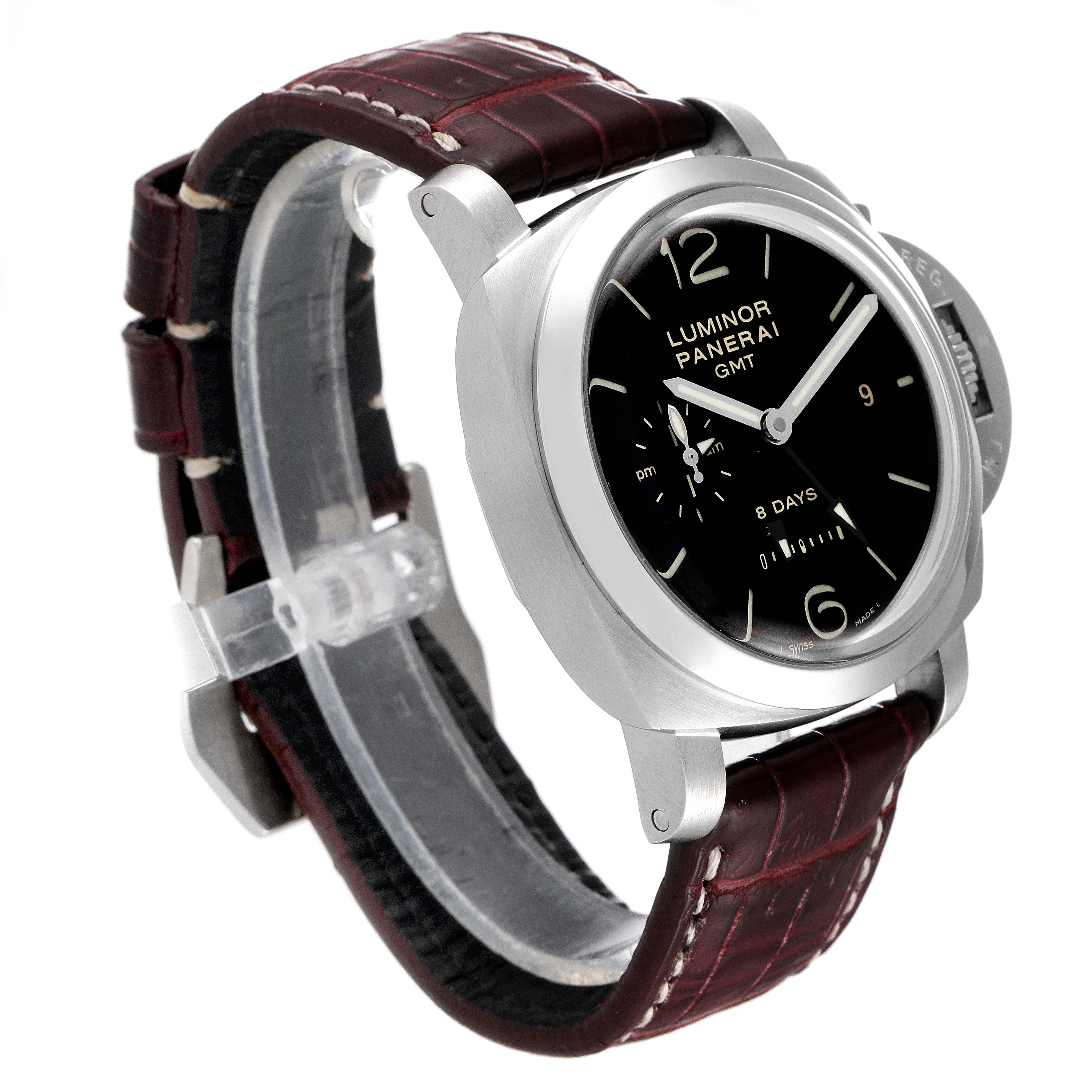 This image shows a Panerai Luminor PAM00233 Men's Stainless Steel Black Dial PAM00233 Men's Stainless Steel Black Dial watch at a three-quarter angle highlighting its case, dial, bezel, and leather strap.