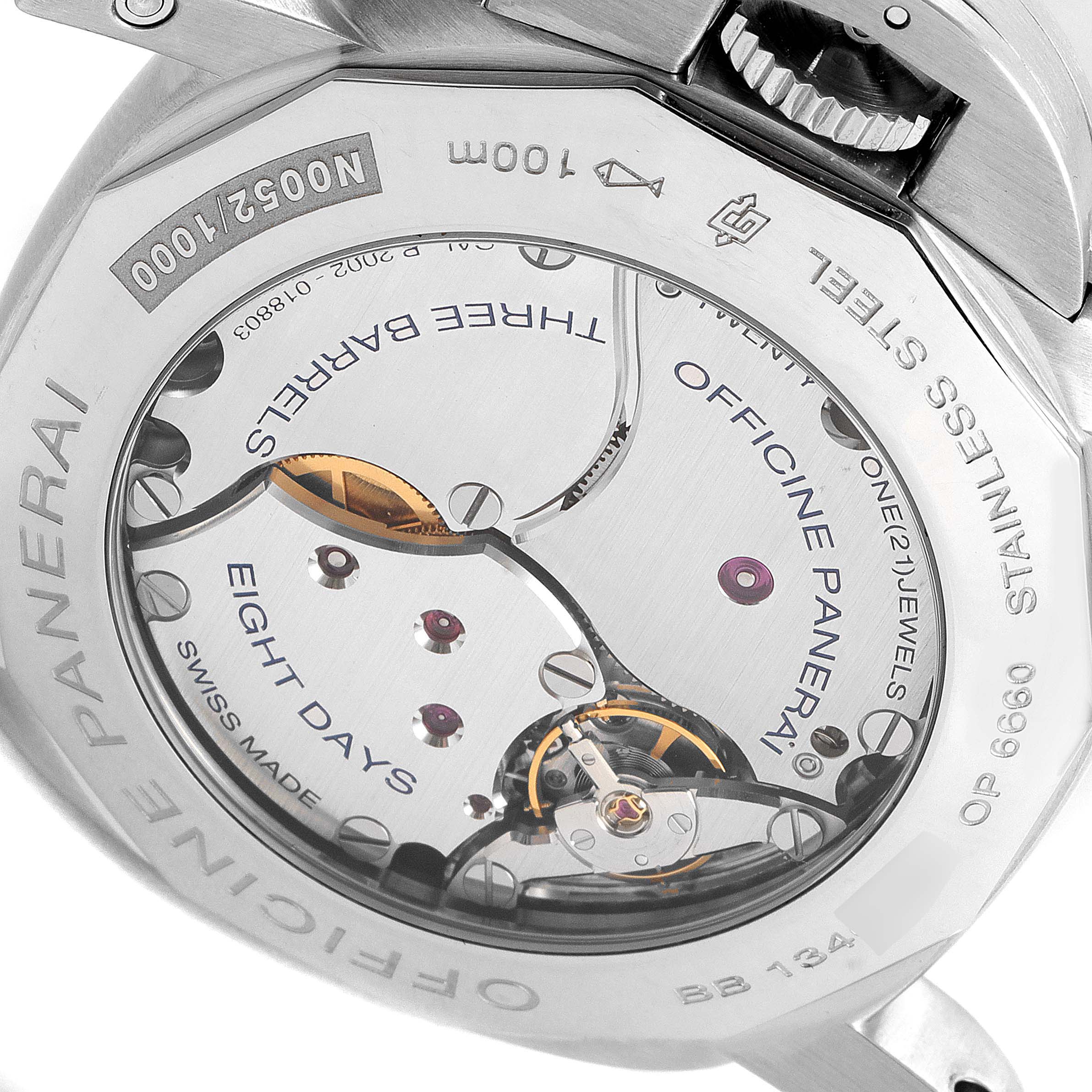 The image shows the back view of the Panerai Luminor PAM00233 Men's Stainless Steel Black Dial PAM00233 Men's Stainless Steel Black Dial watch, revealing its intricate movement and internal components.