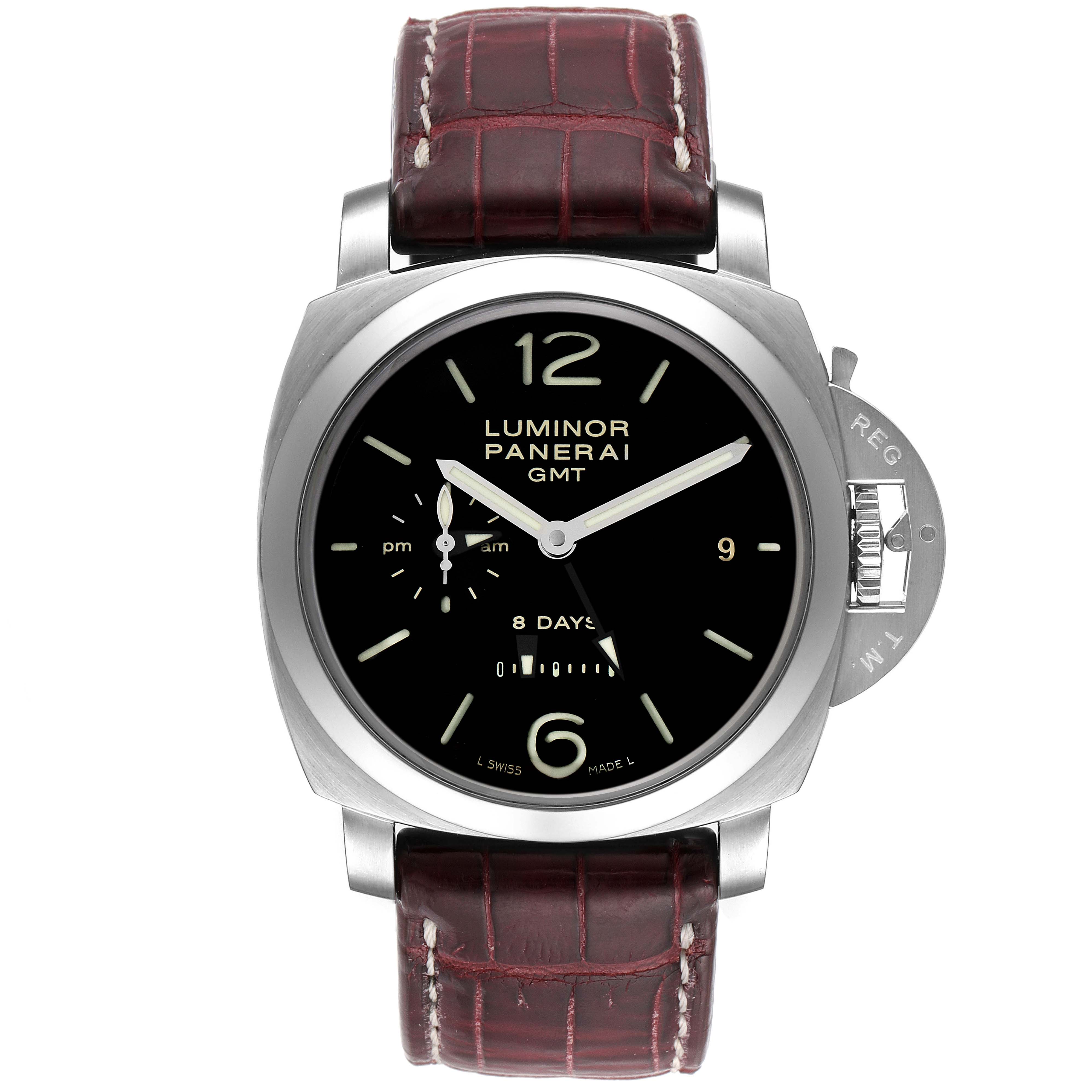 The image shows a front view of a Panerai Luminor PAM00233 Men's Stainless Steel Black Dial PAM00233 Men's Stainless Steel Black Dial GMT watch with a leather strap and a black dial.