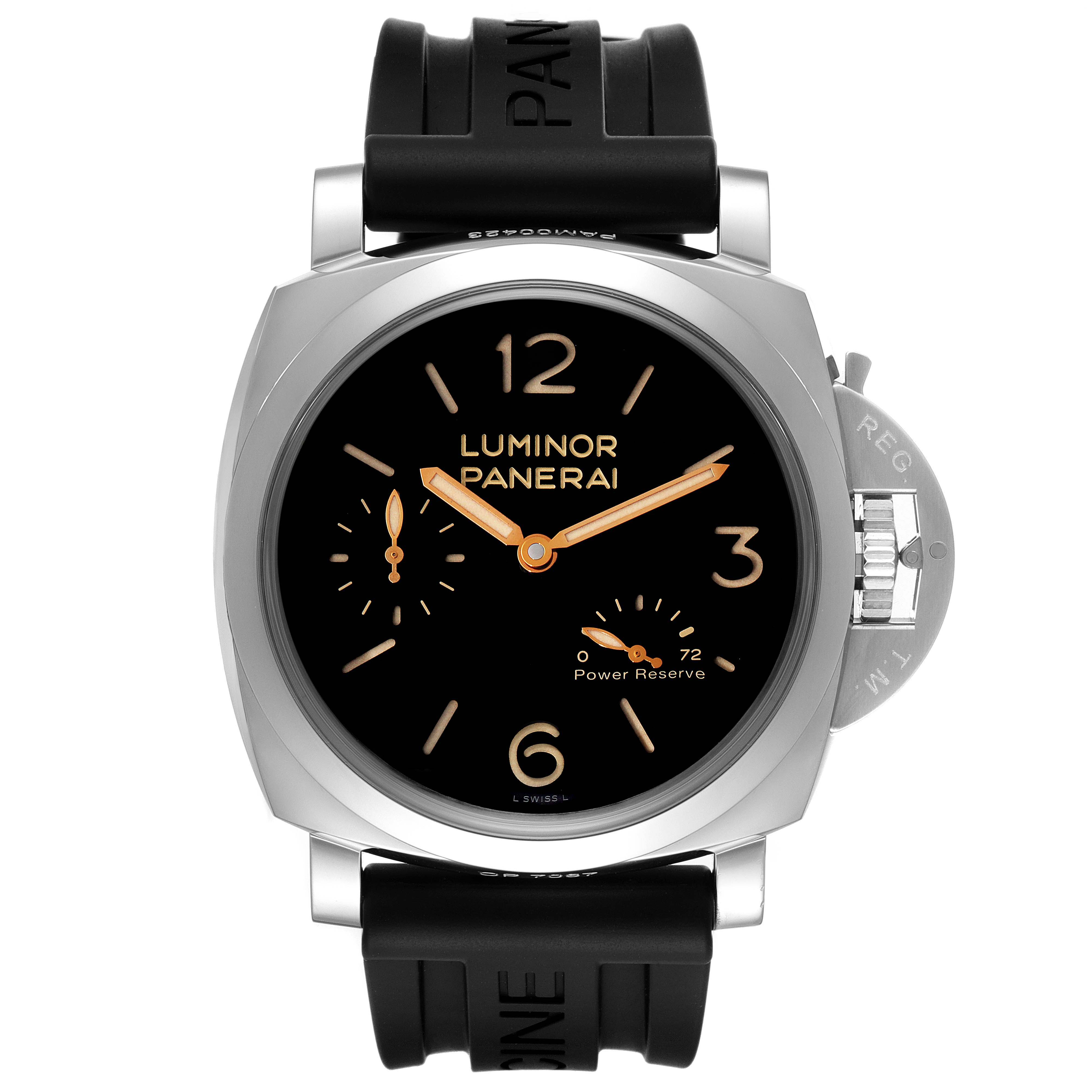This image shows a front view of the Panerai Luminor PAM00423 Men
s Stainless Steel Black Dial PAM00423 Men
s Stainless Steel Black Dial watch, displaying its face, black rubber strap, and crown guard.