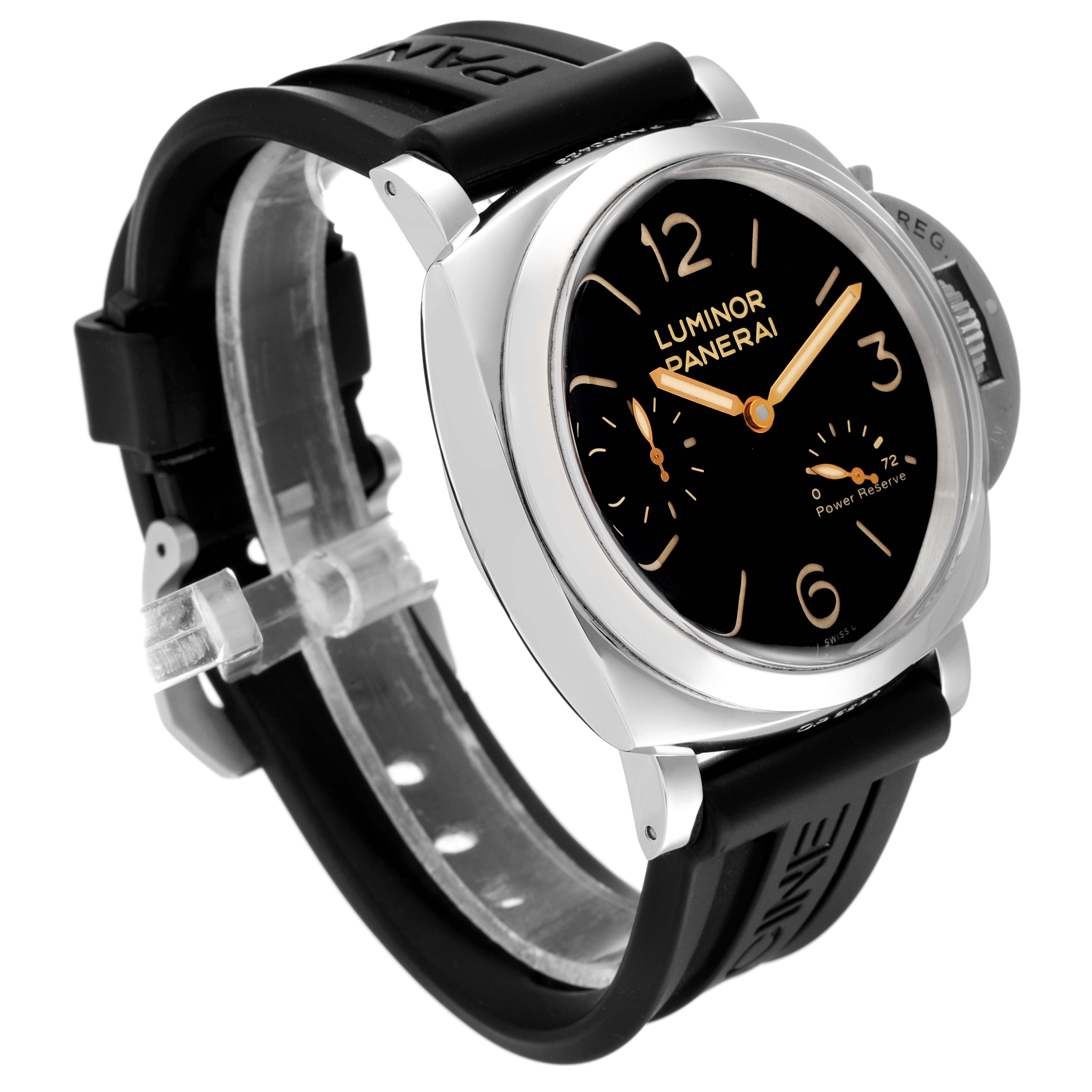 This image shows a side angle of the Panerai Luminor PAM00423 Men
s Stainless Steel Black Dial PAM00423 Men
s Stainless Steel Black Dial watch, highlighting the black dial, case, and black rubber strap.