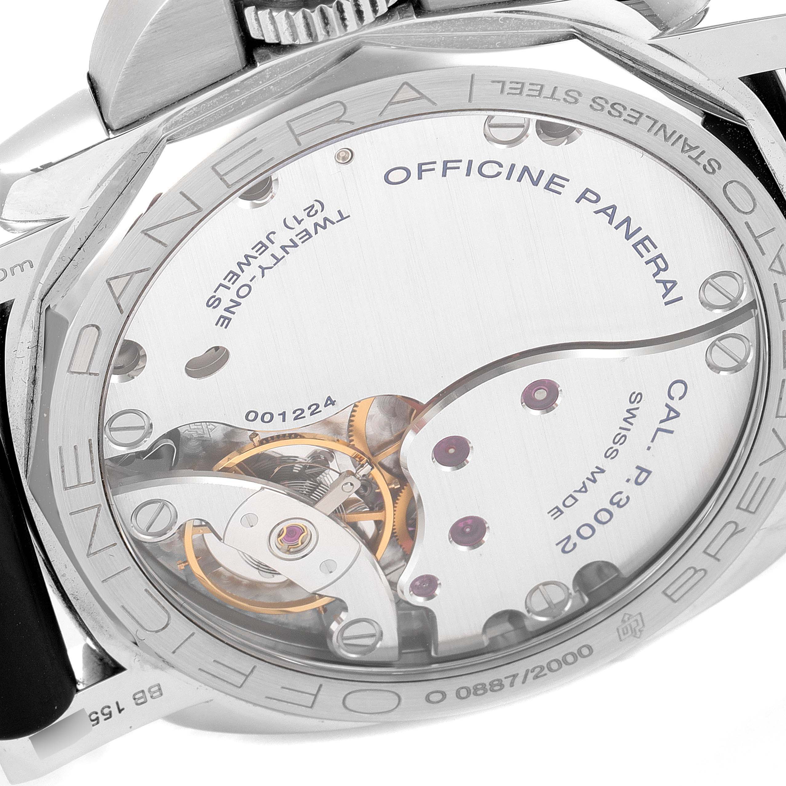 The image shows the back view of a Panerai Luminor PAM00423 Men
s Stainless Steel Black Dial PAM00423 Men
s Stainless Steel Black Dial watch, highlighting its internal movement and transparent case back.