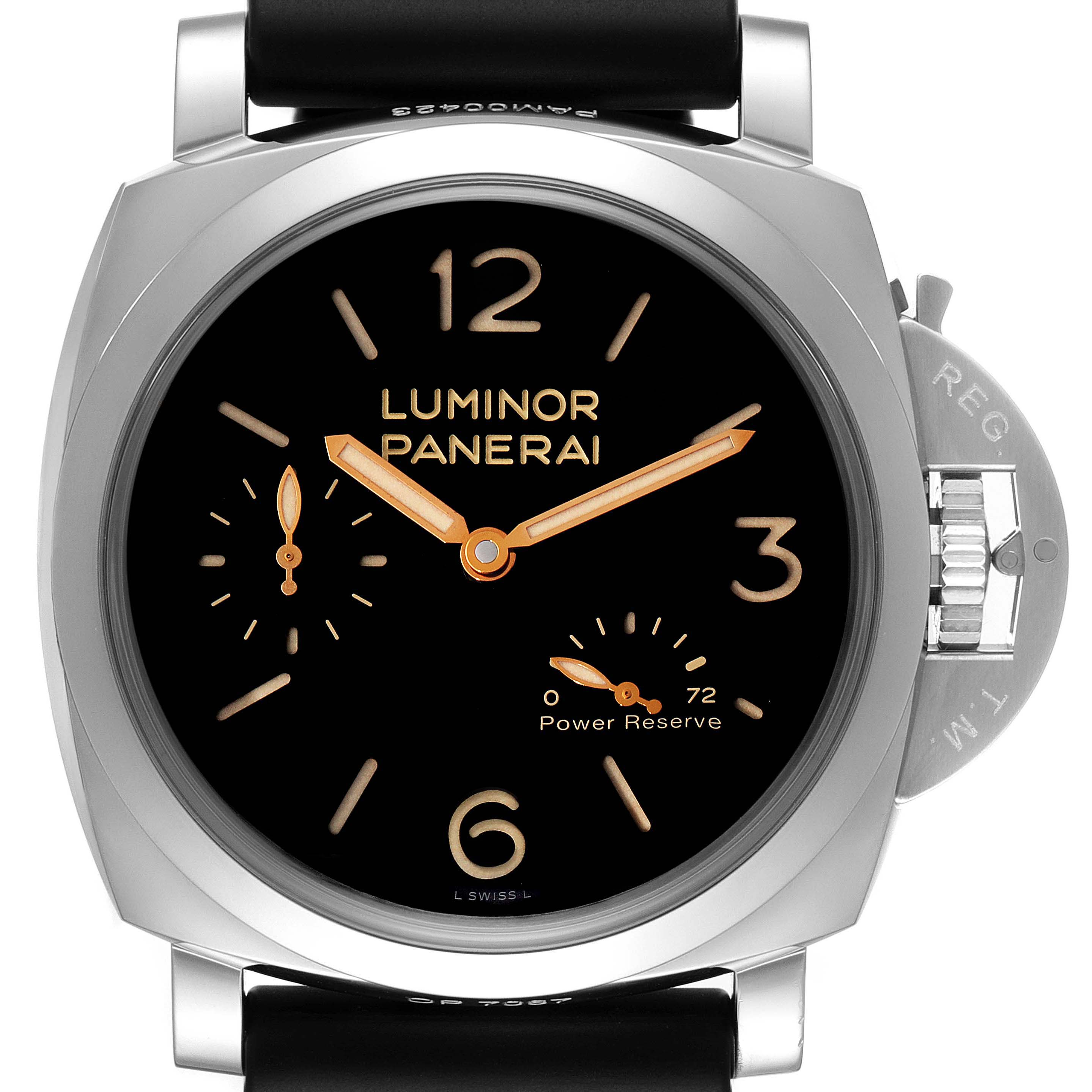 The image shows a front view of a Panerai Luminor PAM00423 Men
s Stainless Steel Black Dial PAM00423 Men
s Stainless Steel Black Dial watch, highlighting its black dial, gold hands, and power reserve indicator.