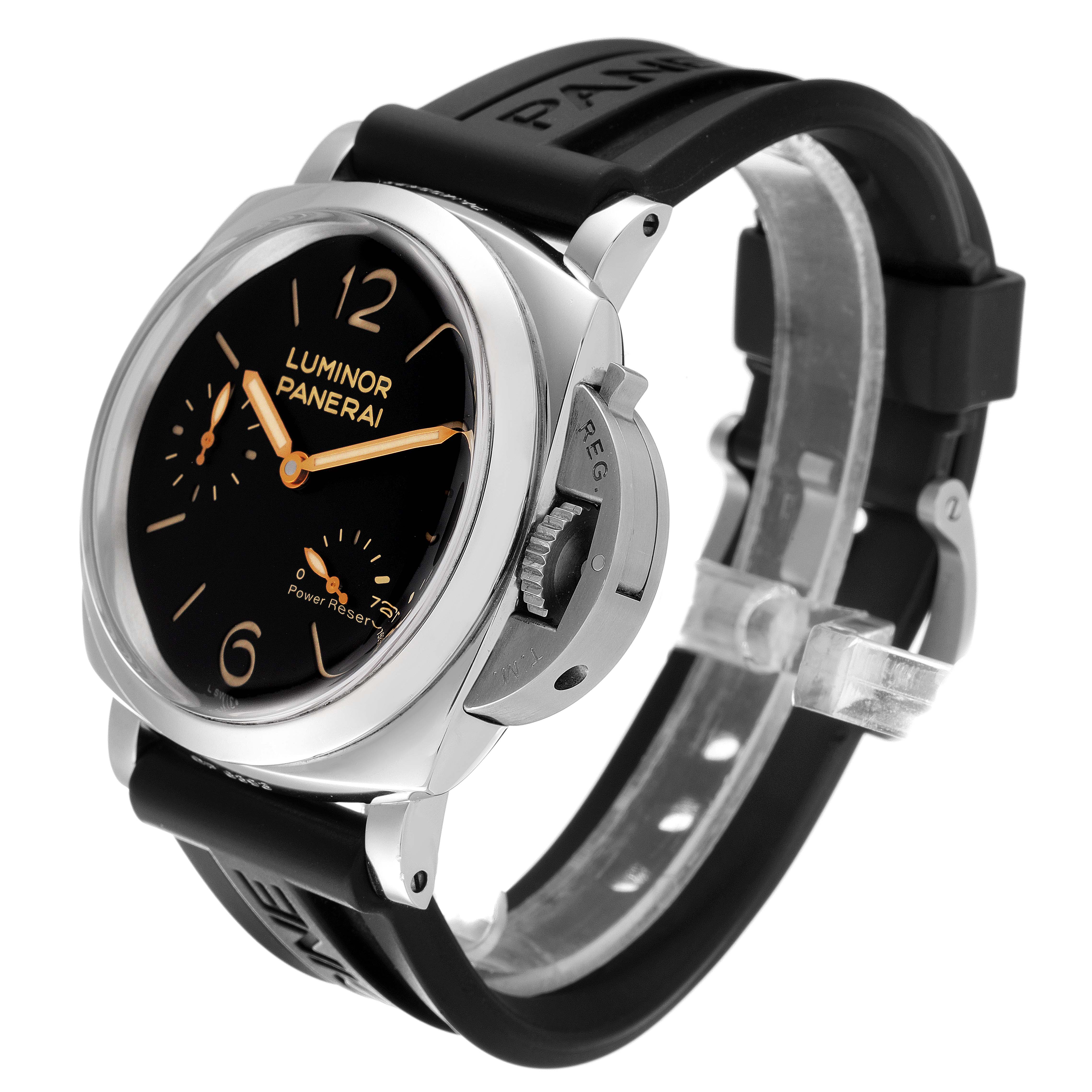 The image shows a Luminor model Panerai watch from a front-left angle, highlighting its black dial and rubber strap.