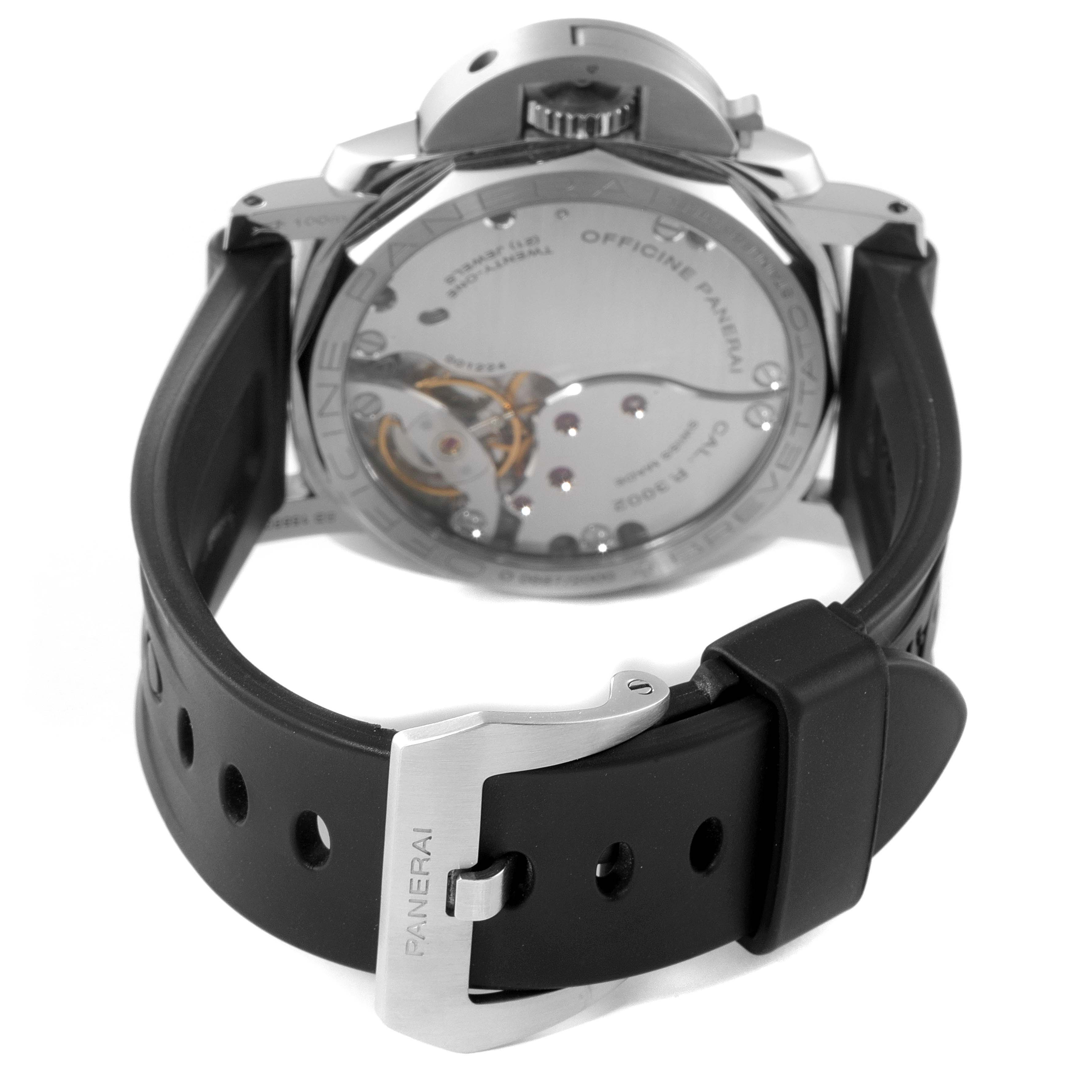 The image shows the back and strap of a Panerai Luminor PAM00423 Men
s Stainless Steel Black Dial PAM00423 Men
s Stainless Steel Black Dial watch, highlighting the transparent case back and internal mechanics.