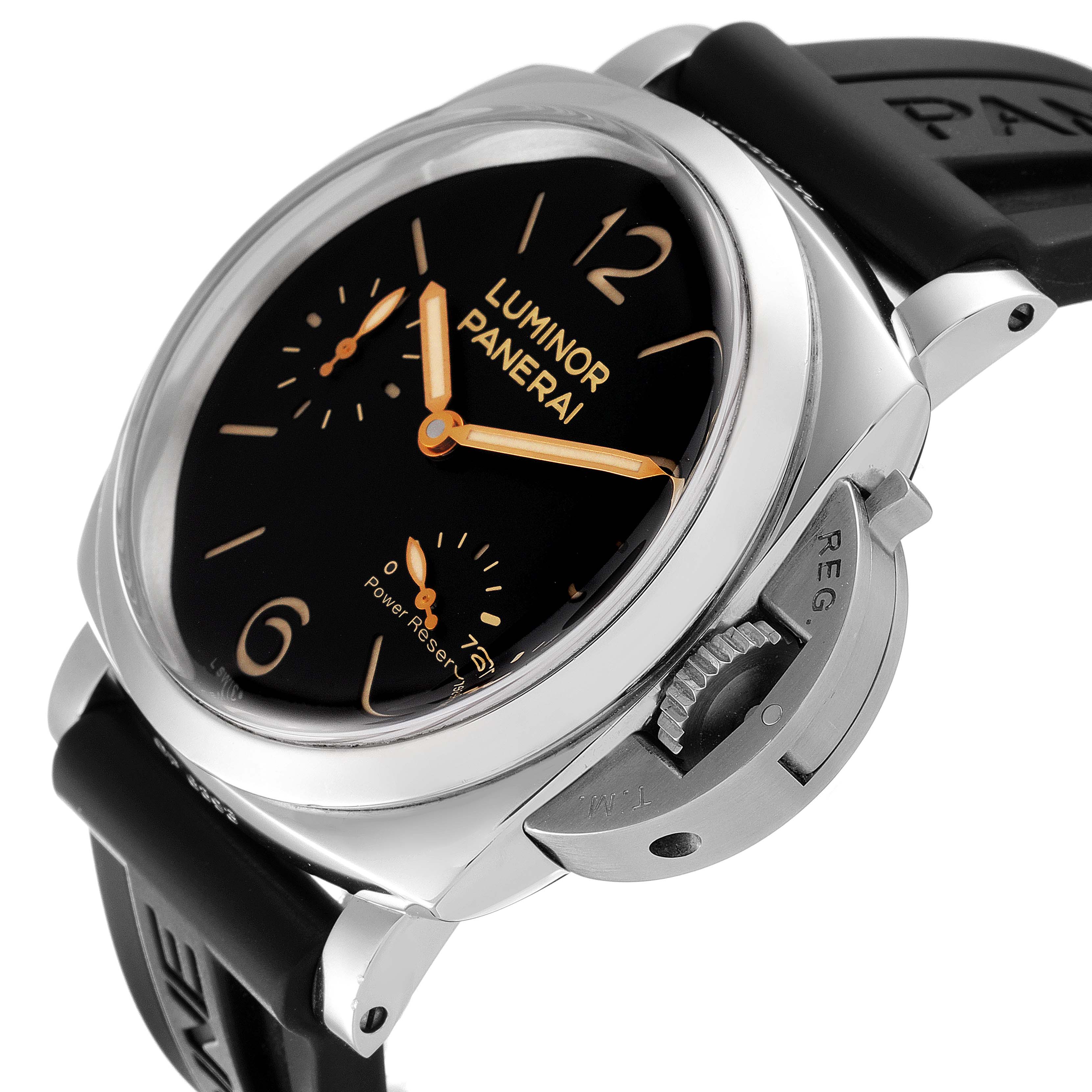 The image shows a Panerai Luminor PAM00423 Men
s Stainless Steel Black Dial PAM00423 Men
s Stainless Steel Black Dial watch at a side angle featuring the dial, crown guard, and part of the strap.