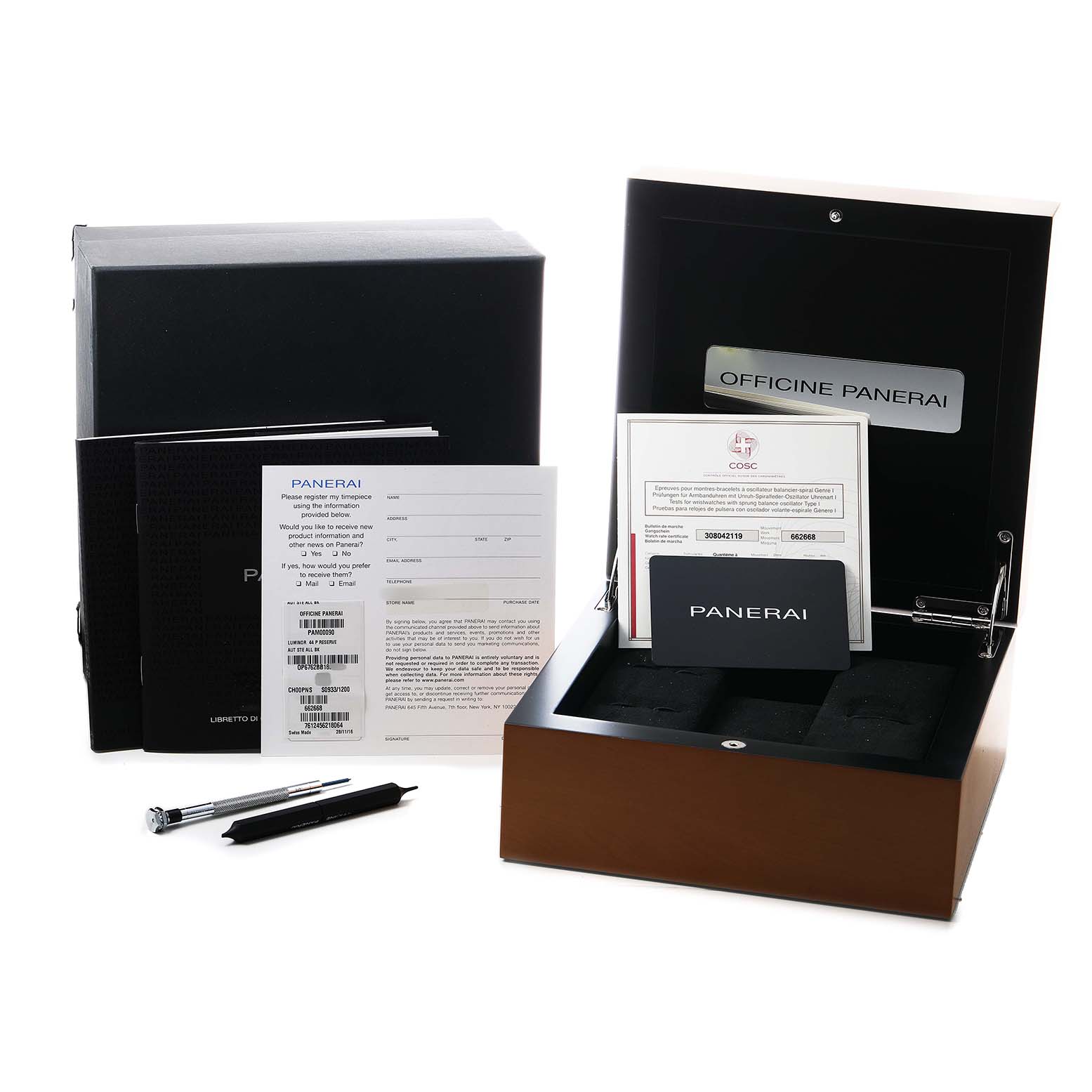 The image displays the packaging and accessories for a Panerai Luminor PAM00090 Men's Stainless Steel Black Dial watch, including the box, manuals, and tools.