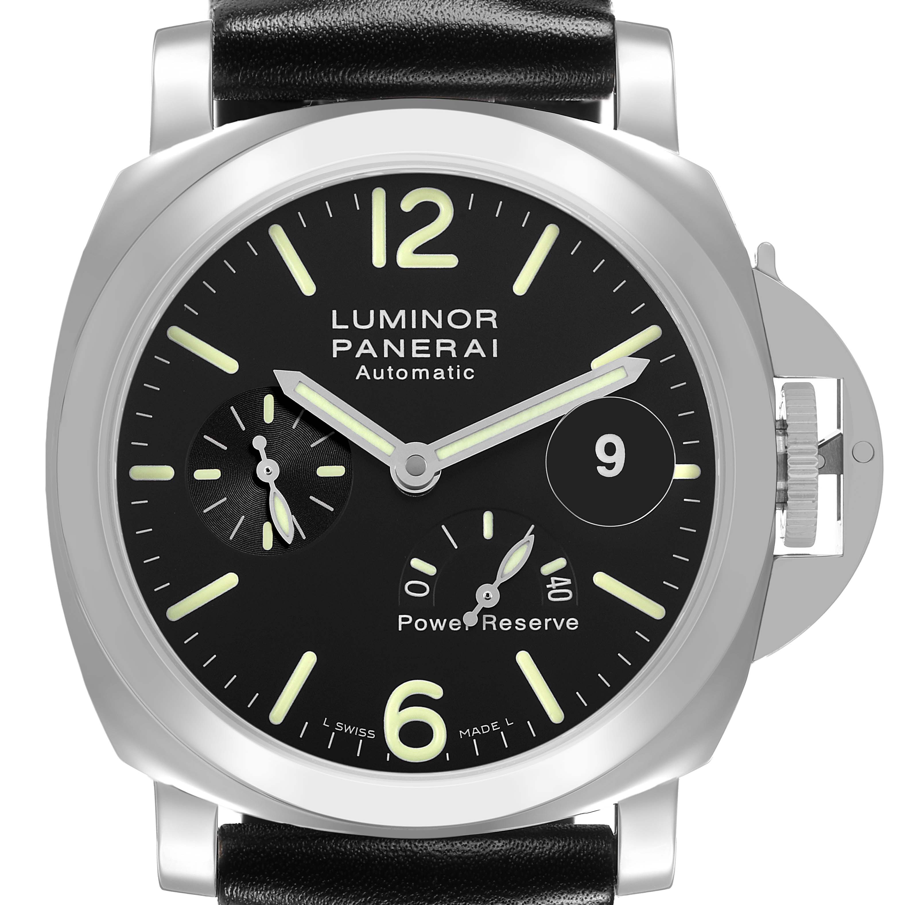 The image shows a front view of the Panerai Luminor PAM00090 Men's Stainless Steel Black Dial watch, highlighting the dial, crown guard, and leather strap.