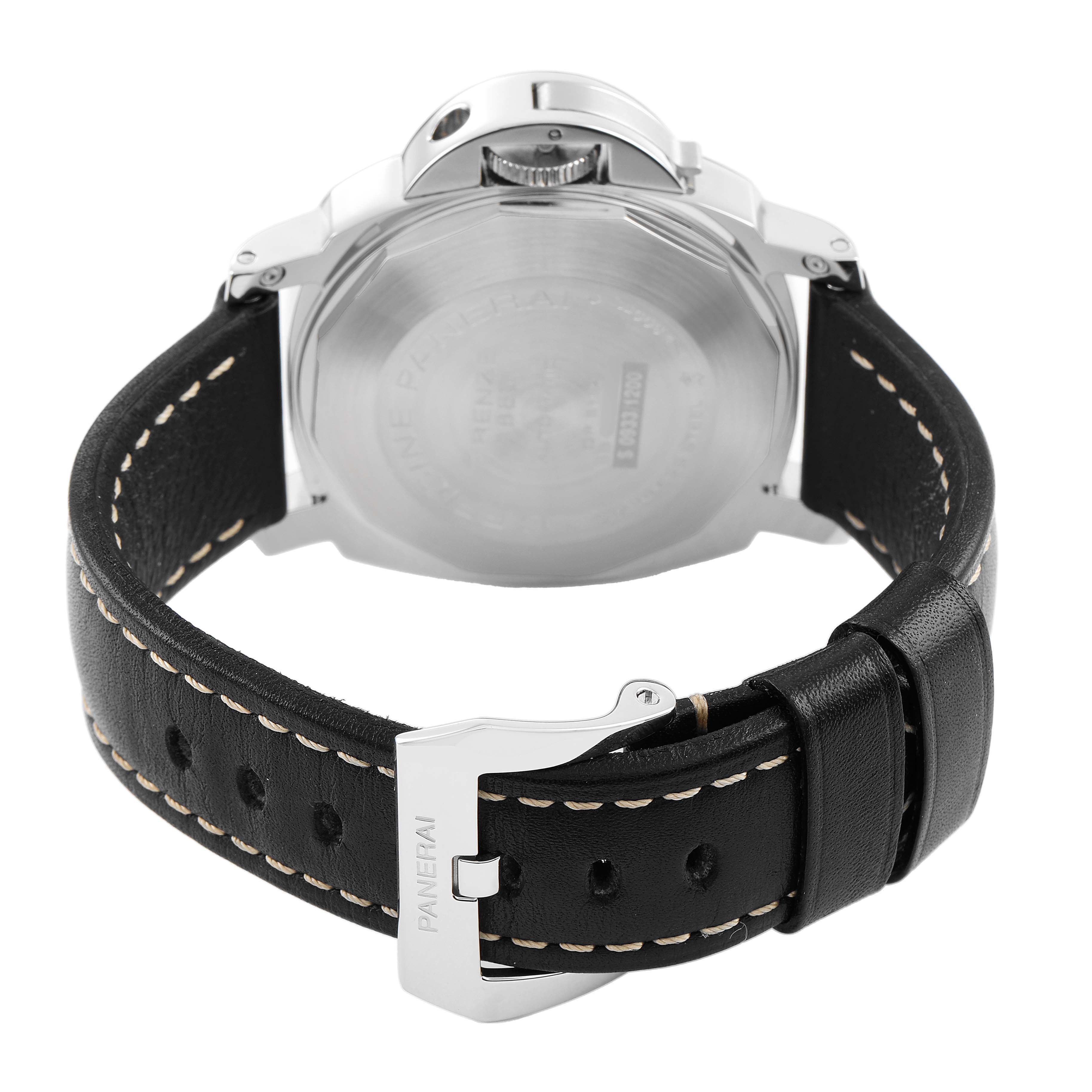 The image shows the back view of a Panerai Luminor PAM00090 Men's Stainless Steel Black Dial watch, highlighting its case back, strap, and buckle.