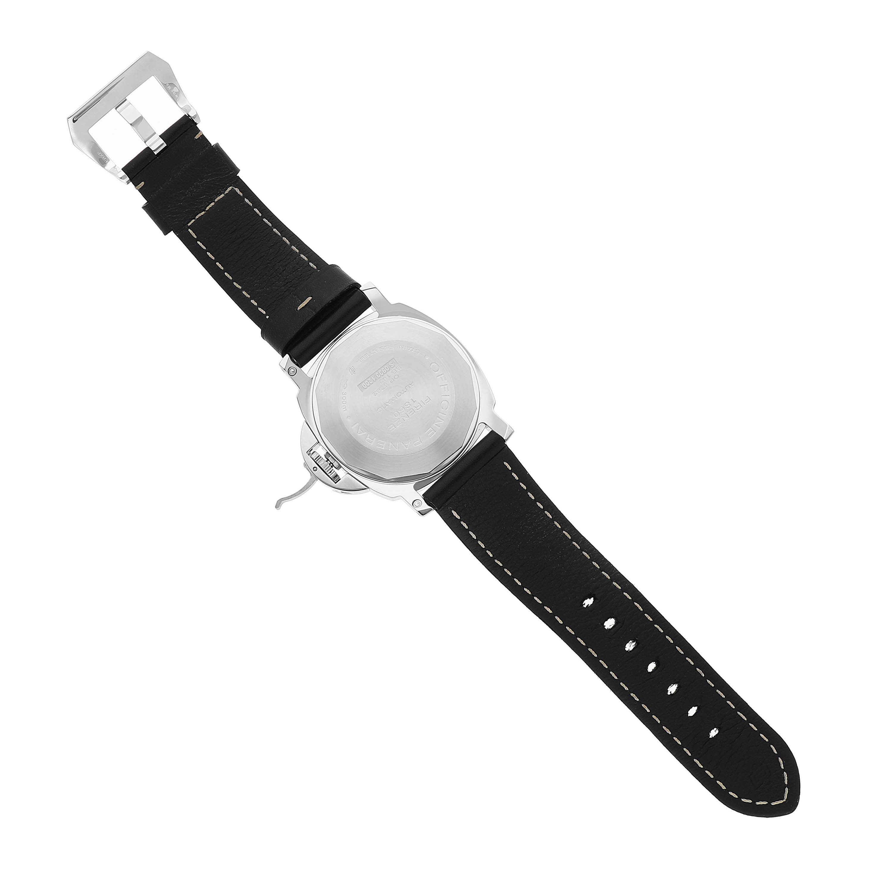 The image shows the back side of a Panerai Luminor PAM00090 Men's Stainless Steel Black Dial watch, displaying its strap and buckle.